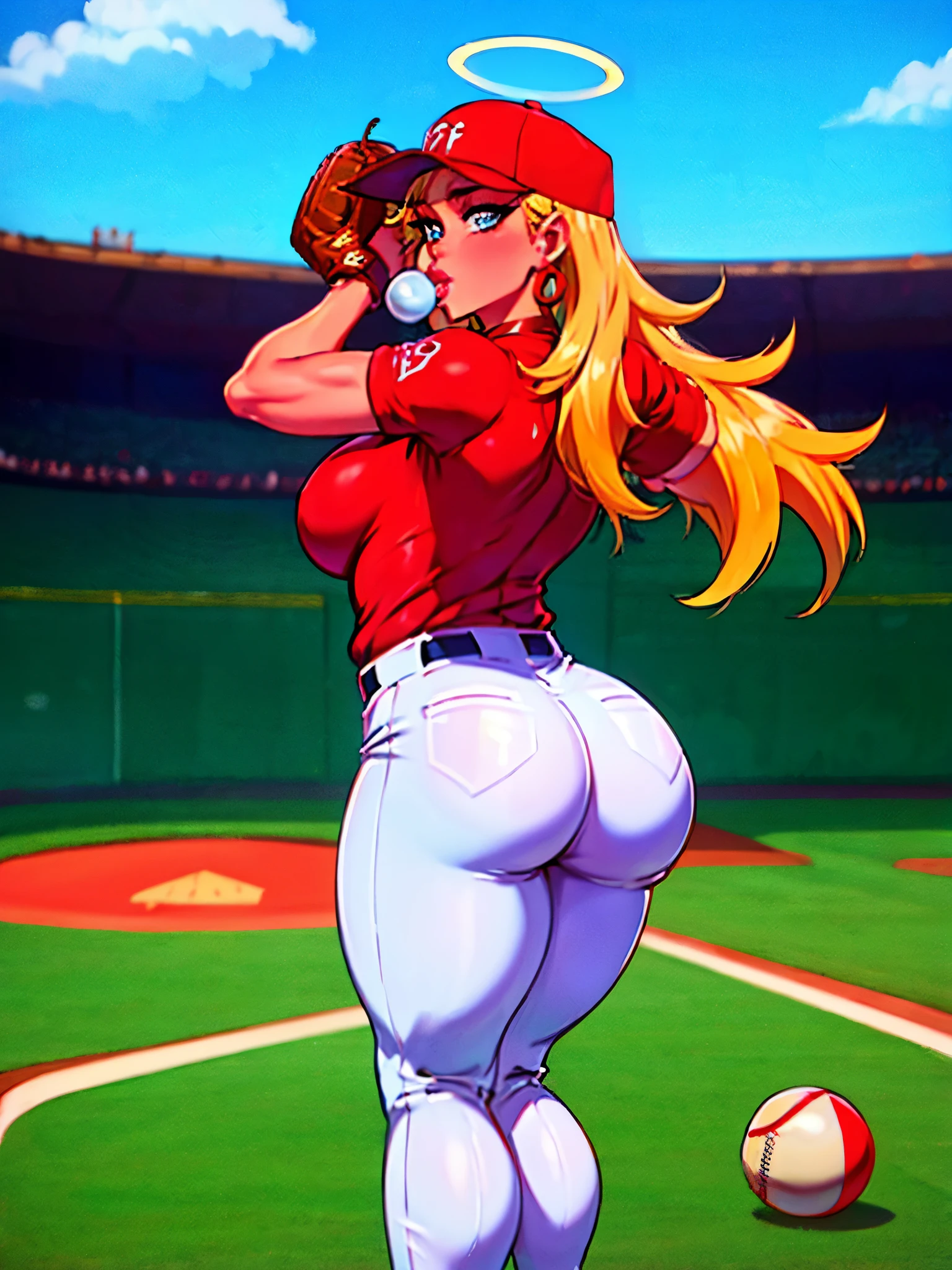 in PIT-Erotic-style style, 1980's, female, inflating anarchypanty, blonde, blue eyes, makeup, extra long hair, thick lips, earrings, halo, (blow bubble gum:1.2), (Baseball blue and gold uniform with pants), (blue and gold baseball cleats), (wearing bright red baseball batters cap), (big catcher's mitt on left hand), (muscle inflation:0.9), (bulky muscular legs), (bulky muscle:1.1), large butt, pleasurable look on face, standing on outdoor baseball home plate in all female sports stadium, (pitching baseball towards camera)