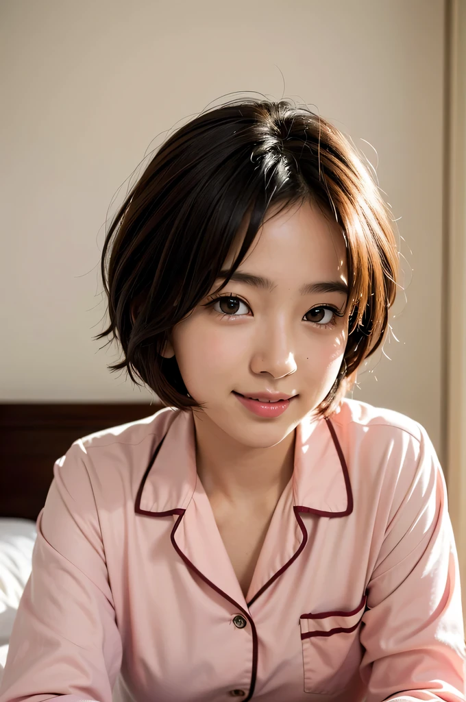 (8k, original photo, best quality, masterpiece:1.2), (actual, photo-actual:1.37), Super detailed, 1 Japanese high school girls, Lovely, alone, bedroom, bedhead ,night, Hold your chin with both hands, Lying in bed, happy, Staring at me ,(nose blushing),(faint smile:1.1), medium breasts, Beautiful and delicate eyes,(collared shirt:1.1), Pink pajamas, (short hair:1.2), flowing hair
