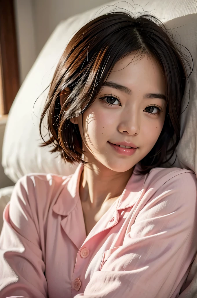 (8k, original photo, best quality, masterpiece:1.2), (actual, photo-actual:1.37), Super detailed, 1 Japanese high school girls, Lovely, alone, bedroom, bedhead ,night, Hold your chin with both hands, Lying in bed, happy, Staring at me ,(nose blushing),(faint smile:1.1), medium breasts, Beautiful and delicate eyes,(collared shirt:1.1), Pink pajamas, (short hair:1.2), flowing hair