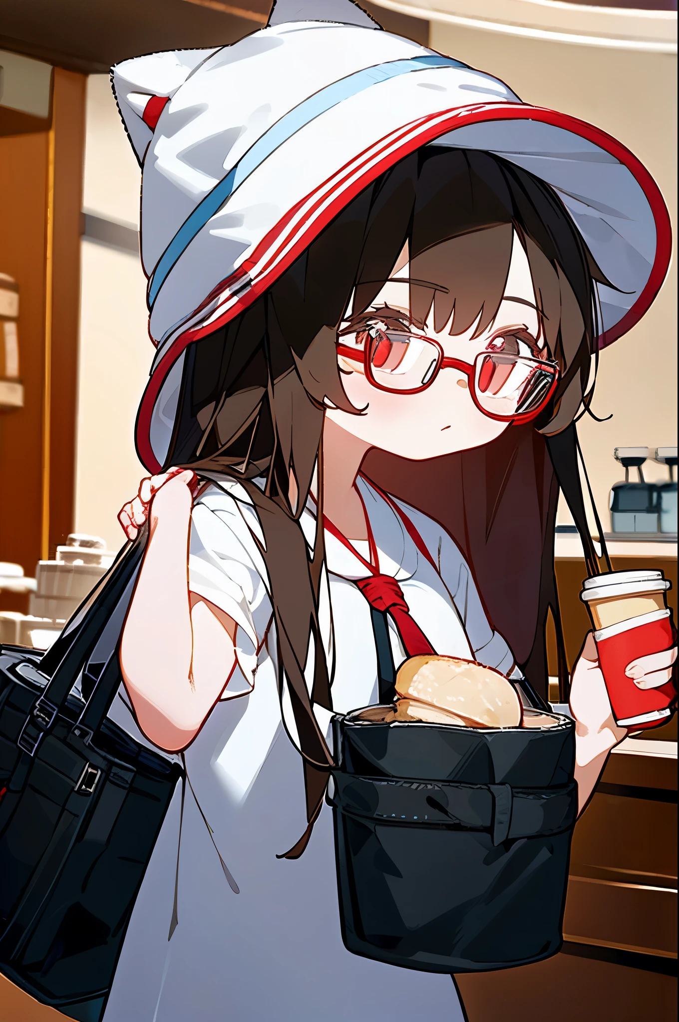 (masterpiece), best quality, expressive eyes, perfect face, red eye, Simple White Headphones, Bucket Hat, wolf hair Black, Round Glasses Black, Tote Bag, Barista,