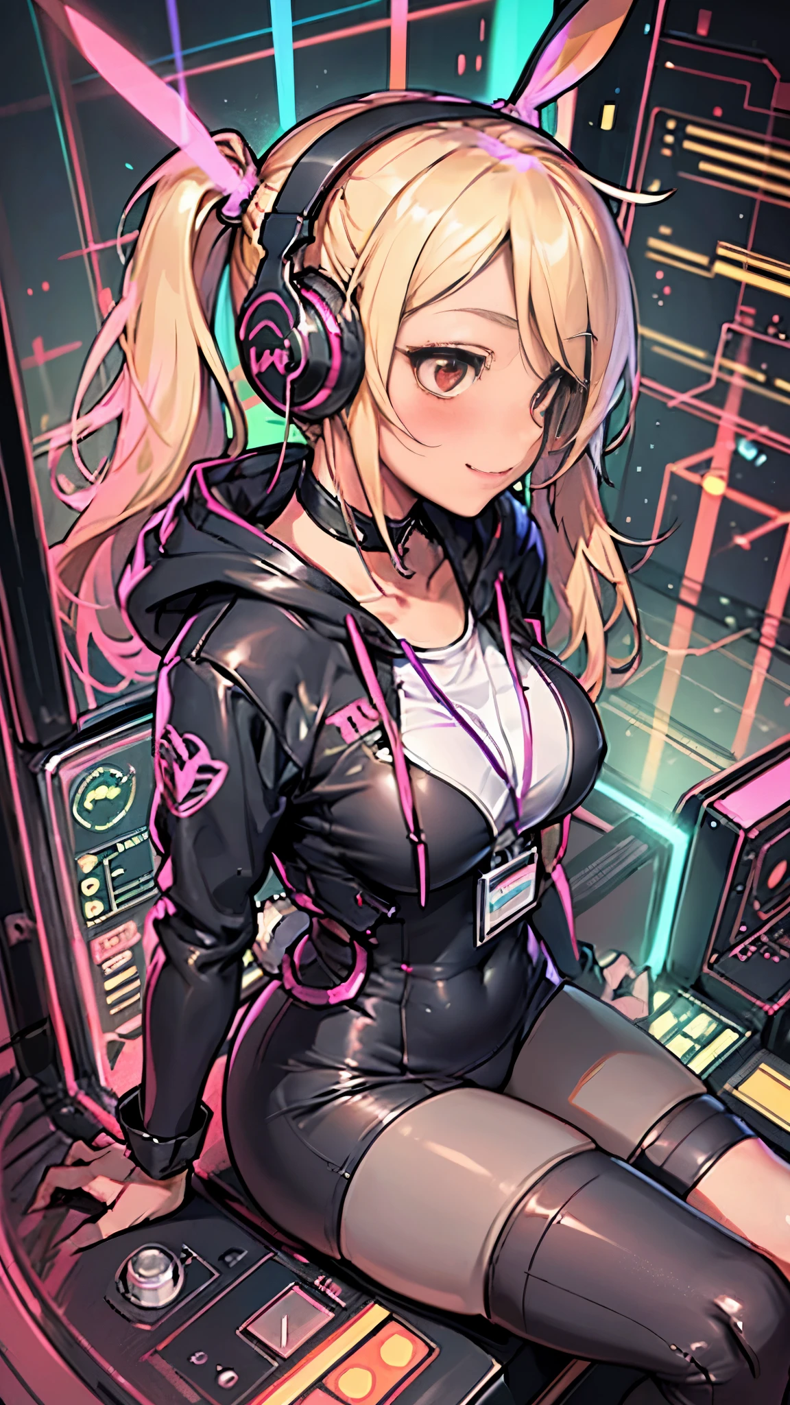 (highest quality), From above:1.2,1 person female, alone, Shining school swimsuit,double big round eyes,blonde, twin tails, red eyes, (black skin),blush,smile, (open chest:1.1),Cyberpunk world,dynamic composition,Big breasts,Socks above the knee,Muchimuchi,Psychedelic color scheme,iridescent sparkling background,rabbit ear headphones,turbo on the back,machine legs,rainbow colored screen,((complex machine cockpit)),look far away,profile,(armor in the form of a hoodie)