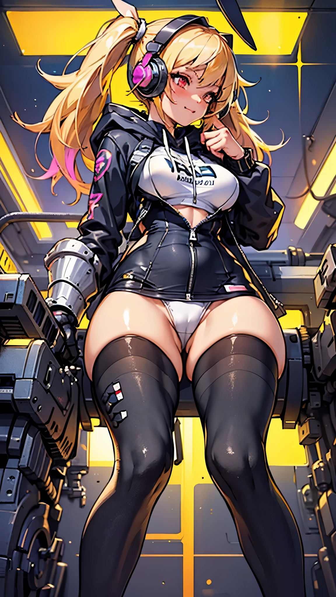 (highest quality), From above:1.2,1 person female, alone, Shining school swimsuit,double big round eyes,blonde, twin tails, red eyes, (black skin),blush,smile, (open chest:1.1),Cyberpunk world,dynamic composition,Big breasts,Socks above the knee,Muchimuchi,Psychedelic color scheme,iridescent sparkling background,rabbit ear headphones,turbo on the back,machine legs,rainbow colored screen,((complex machine cockpit)),look far away,profile,(armor in the form of a hoodie)