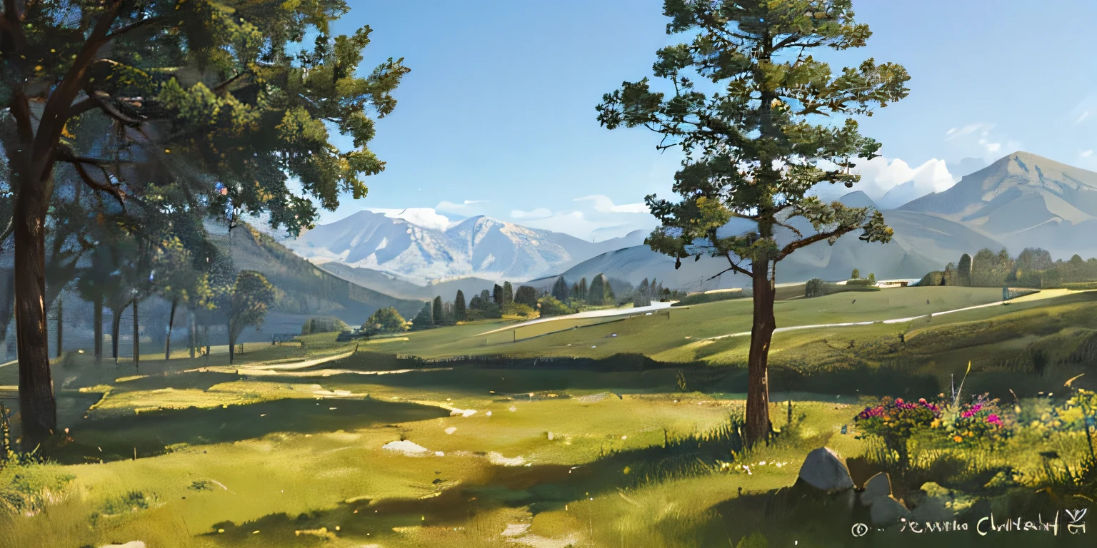 (obra maestra,Mejor calidad) Fondo de pantalla de PC, Paisaje de mountain, Alto detalle, 4k, tiempo de day, Valle Verde, primavera, azul_cielo, edificio, arbusto, ciudad, Nube, Nubey_cielo, day, campo, flor, flor_campo, bosque, grass, loma, Horizonte, paisaje, mountain, mountaiNous_Horizonte, naturaleza, No_humanos, ocean, al aire libre, camino, river, camino, escenario, cielo, afterNoon, tree, agua, glicina, purple flor, eastern paisaje, sNowy mountain