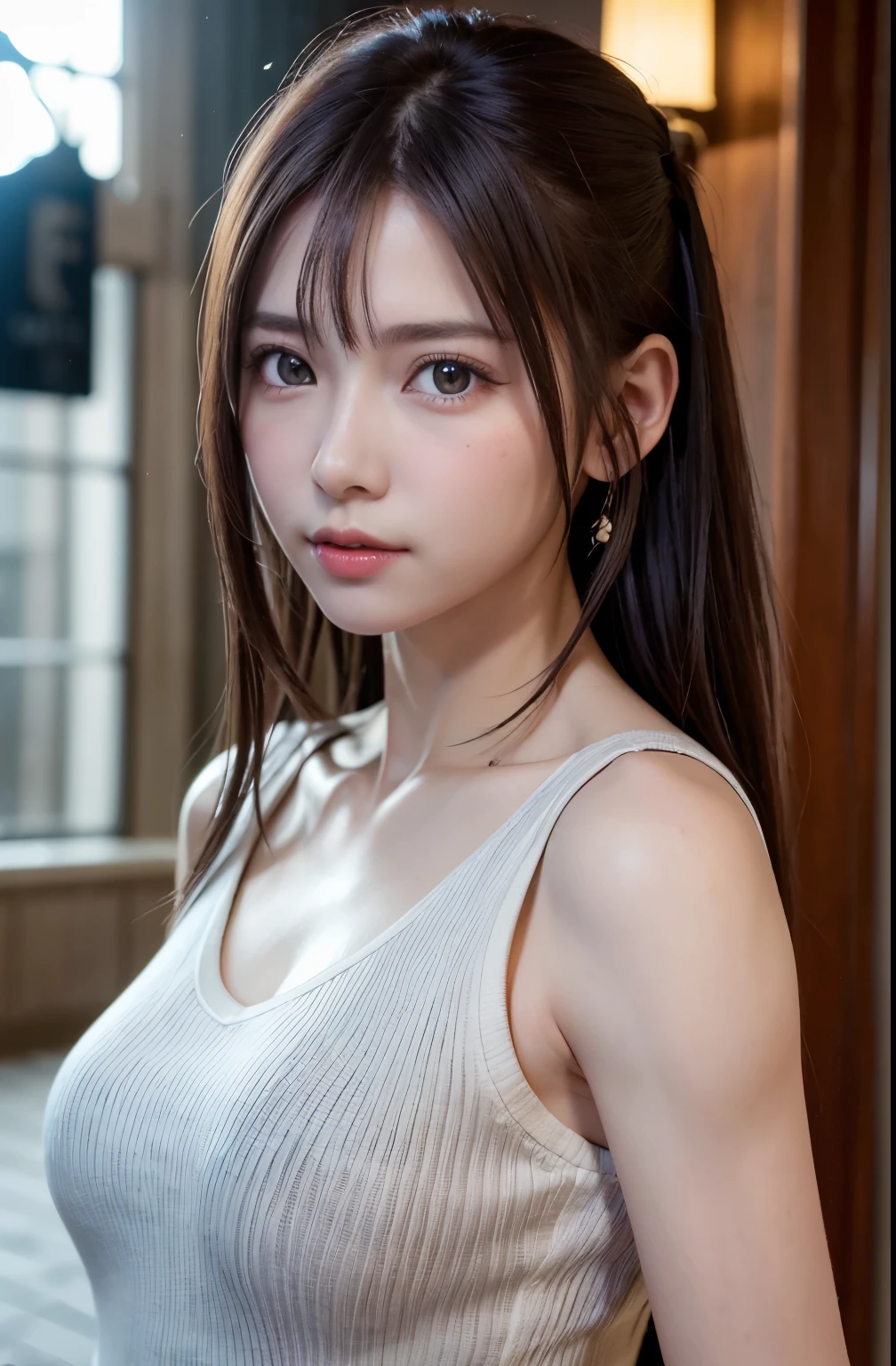 top-quality、8K Masterpiece、超A high resolution、(Photorealsitic:1.3)、Raw photo、1人、silver white hair、poneyTail、glowy skin、1 super beautiful college girl、((super realistic details))、portlate、globalillumination、Shadow、octan render、8K、ultrasharp、highly intricate detail、Realistic light、CGSoation Trends、Beautiful eyes、radiant eyes、Facing the camera、