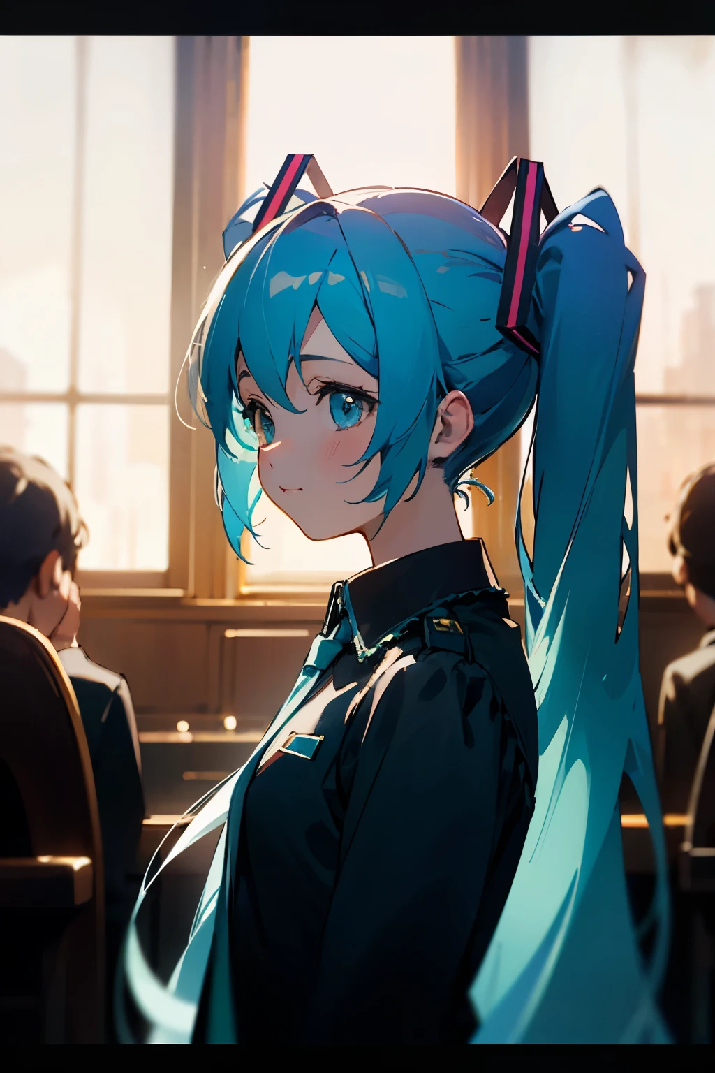masterpiece,best quality,Cinematic movie stills,1 woman, backlight, Hatsune Miku, blue hair, Two-pronged, cute, Cute, cute, Lovely,