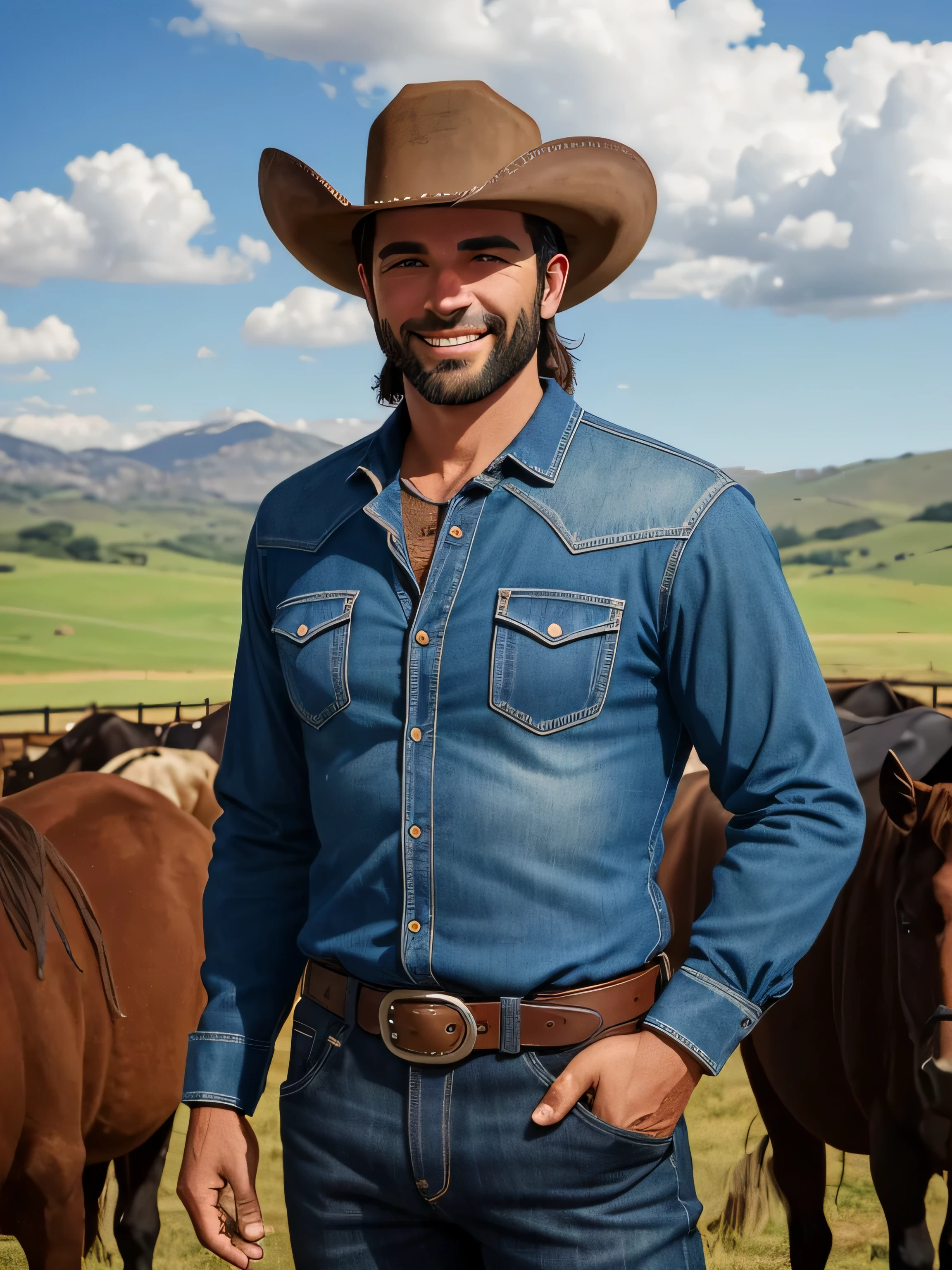 Title: "Vaqueiro Sorridente: Pasture illustration with herd" Description: Create a charming illustration of a 35-year-old cowboy in a country style, apresentando uma barba baixa. Ele veste uma camisa azul claro, um colete preto, jeans, botas de couro, e um cinto de couro robusto. The cowboy is smiling, dando um gesto de positivo, Make sure you capture the essence of the cowboy, o ambiente rural, and friendly interaction with the herd.