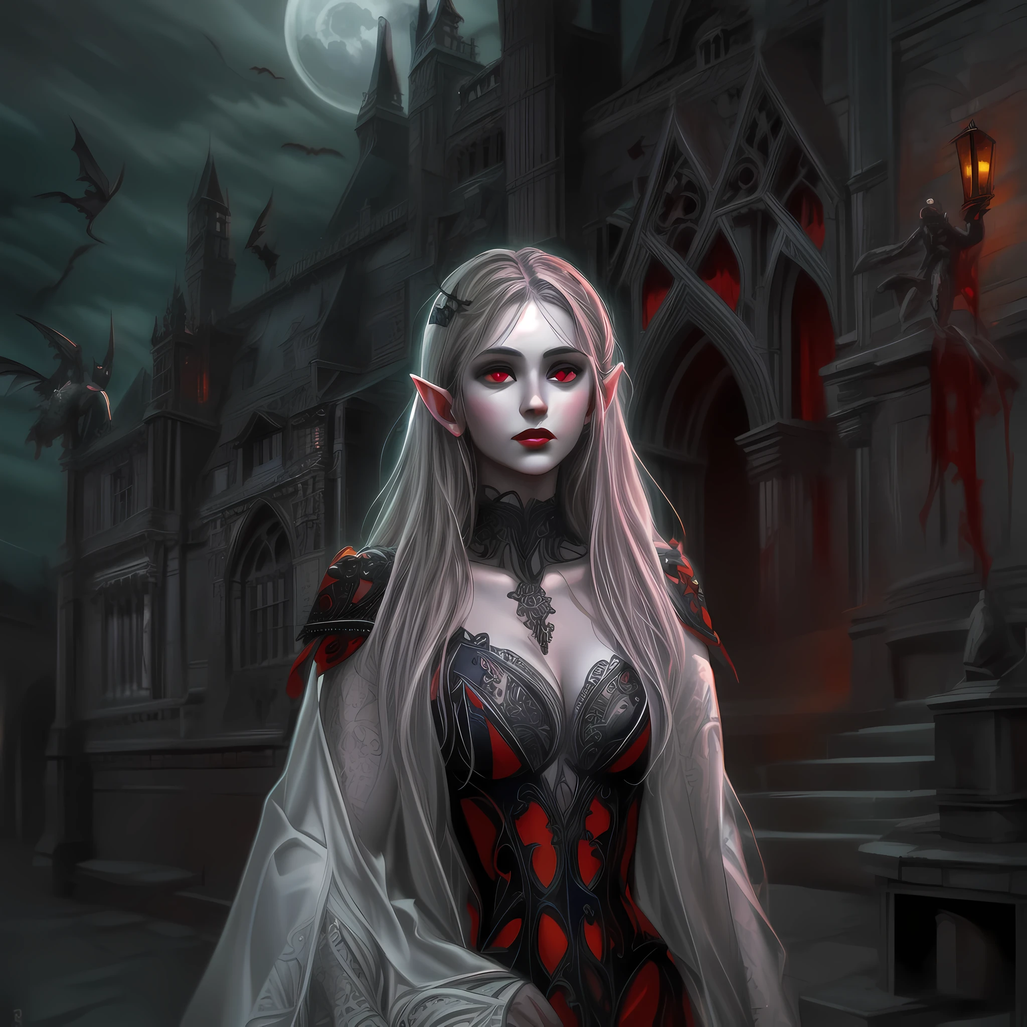 arafed, dark fantasy art, gothic art, (masterpiece:1.5), full body best details, highly detailed, best quality, highres, NeroV2, full body portrait of a vampire, elf (Masterpiece, best quality, ultra feminine: 1.5)  with a long curvy hair, dark color hair, red eyes (fantasy art, Masterpiece, best quality: 1.3), ((beautiful delicate face)), Ultra Detailed Face (intricate details, fantasy art, Masterpiece, best quality: 1.5), [visible vampiric fangs] (intricate details, fantasy art, Masterpiece, best quality: 1.5), [anatomically correct] red cloak, flowing cloak (intense details, fantasy art, Masterpiece, best quality: 1.3), wearing an intricate leather [white] dress (intricate details, gothic art, Masterpiece, best quality: 1.5), high heeled boots, blood dripping on lips, urban background (intense details, beat details), fantasy, at night light, natural ,moon light, soft moon light, moon rays, clouds, gothic atmosphere, gothic street background, bats flying in background, soft light, dynamic light, [[anatomically correct]], high details, best quality, 16k, [ultra detailed], masterpiece, best quality, (extremely detailed), dynamic angle, ultra wide shot, RAW, photorealistic