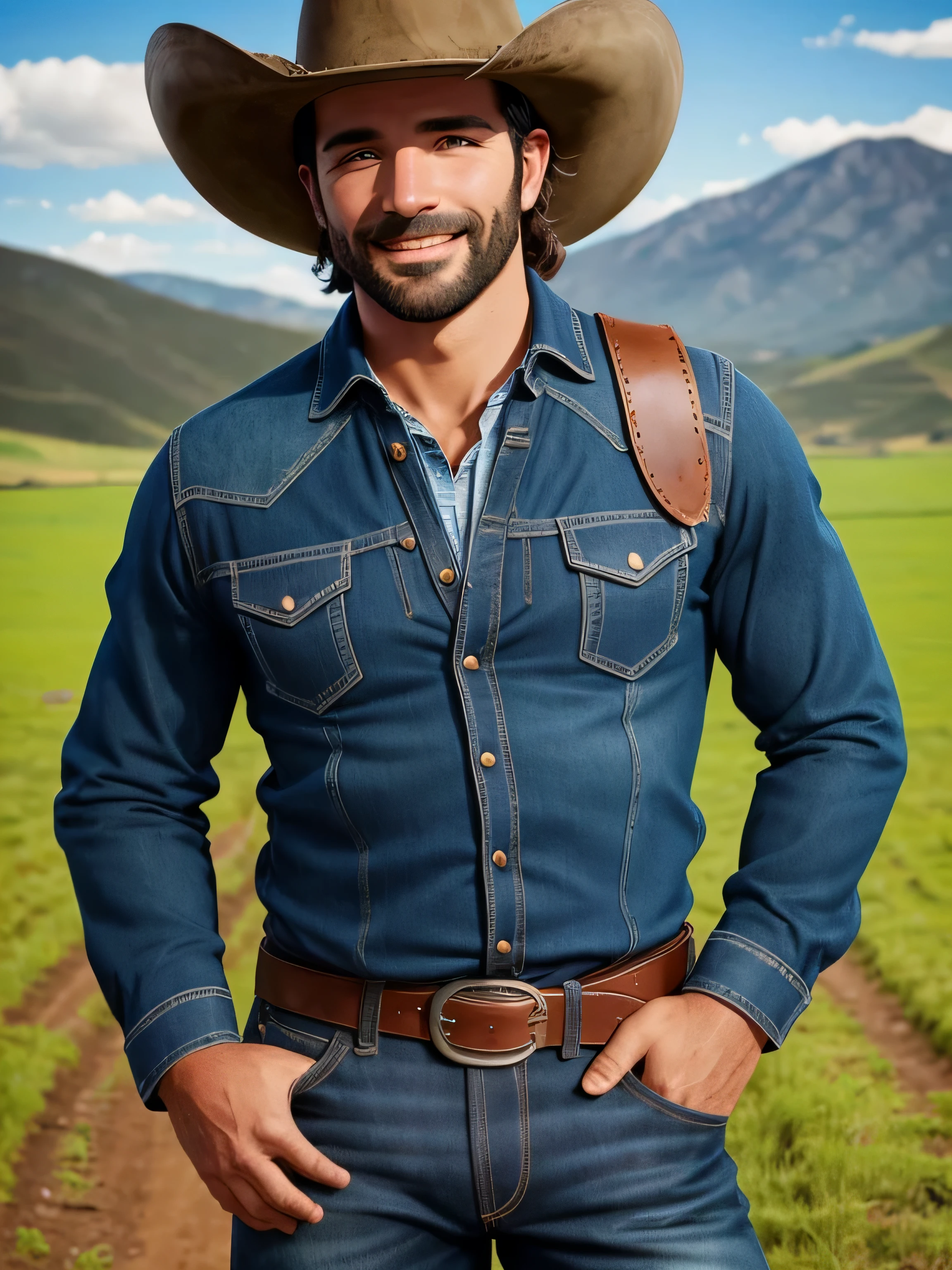 Title: "Vaqueiro Sorridente: Pasture illustration with herd" Description: Create a charming illustration of a 35-year-old cowboy in a country style, apresentando uma barba baixa. Ele veste uma camisa azul claro, um colete preto, jeans, botas de couro, e um cinto de couro robusto. The cowboy is smiling, dando um gesto de positivo, Make sure you capture the essence of the cowboy, o ambiente rural, and friendly interaction with the herd.