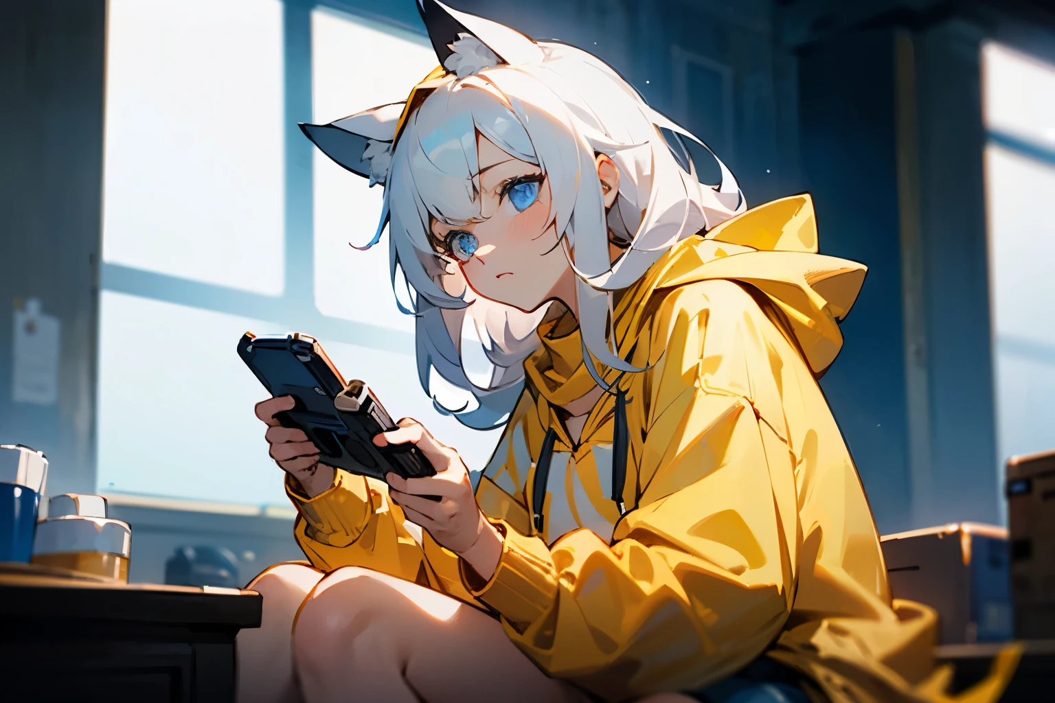 masterpiece,best quality,Cinematic movie stills,1 woman, backlight, white hair, blue eyes, frizzy long hair, animal ears, (((yellow hooded sweatshirt))), (((blue scarf))), ((short)) jeans, Girl holding a controller and playing a game,