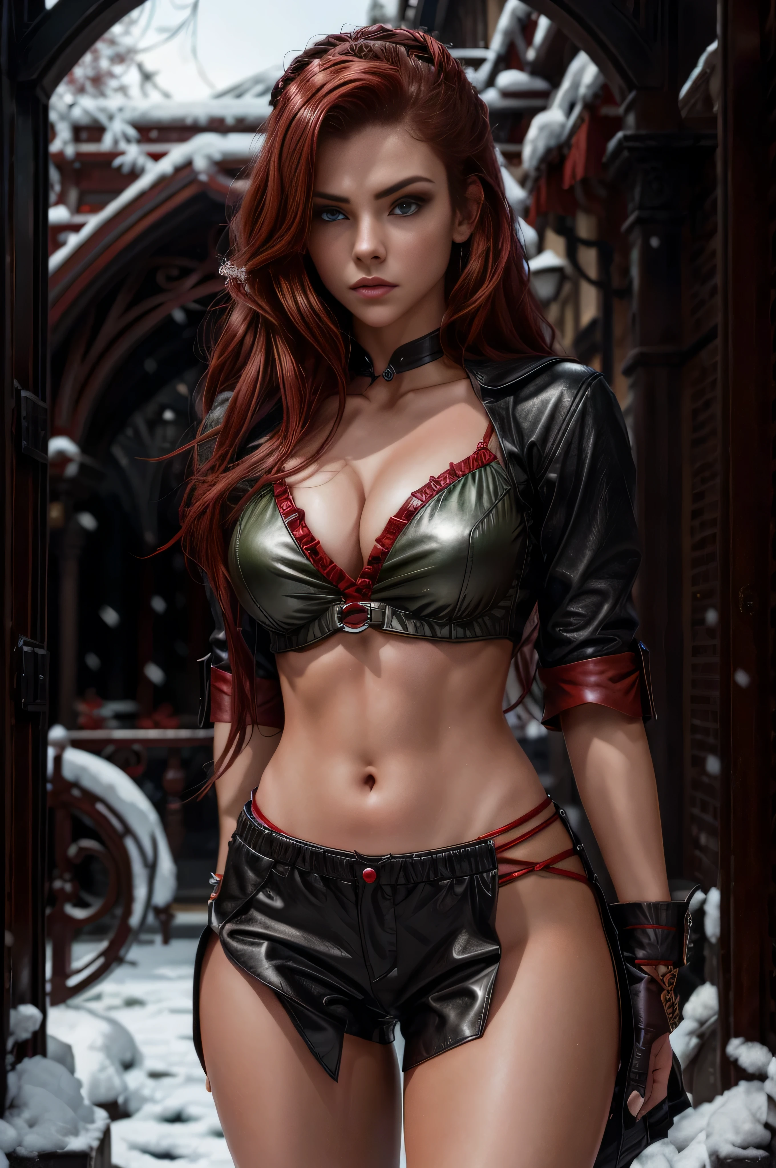 
a beautiful 25 years old British female vampire, with single-braided dark red hair, green eyes snow, white skin, wearing dark red shirt and dark red tight leather pants, view from front, waist up shot, dynamic pose, ambient lighting, photo realism, intricate face detail, intricate hand details, highly detailed, vibrant colors, cinematic, high definition, trending on Artstation--style raw