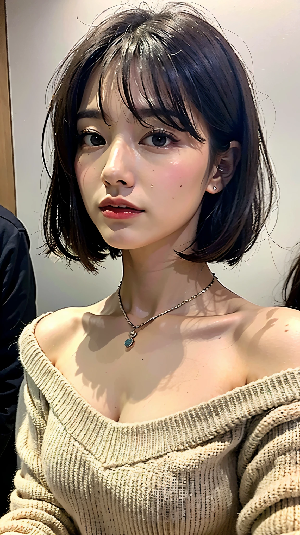 (best quality, 8k, 32k, masterpiece, ultra high definition:1.2),Photos of beautiful Japanese women, big breasts, Very short layered bob hair,Upper body,Face focus,off shoulder sweater, necklace, simple background, from above, looking at the audience,