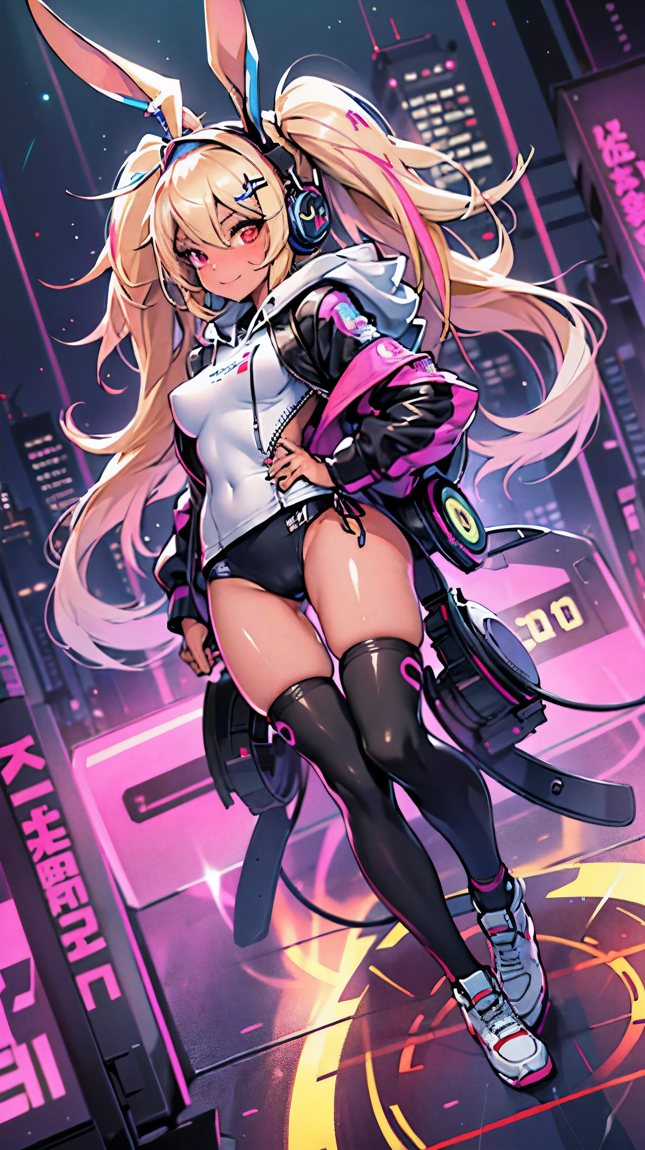 (highest quality), From above:1.2,1 female, alone, Shining school swimsuit,double big round eyes,blonde, twin tails, red eyes, (black skin),blush,smile, (open chest:1.1),Cyberpunk world,dynamic composition,big breasts,Socks above the knee,Muchimuchi,Psychedelic color scheme,Iridescent background,rabbit ear headphones,turbo in the back,machine legs,rainbow colored screen,((cockpit of a complex machine)),look far away,profile,(armor in the shape of a hoodie)