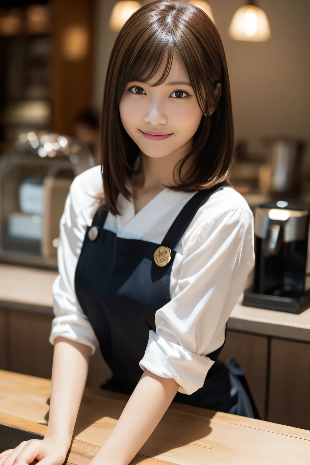 In 8K,highest quality:1.4, ultra high resolution:1.5, (realistic:1.4),masterpiece:1.2,(highest quality:1.4)、 RAW photo、 1japanese girl、 cute、medium breasts:1.5、 (alone:1.8)、kitchen、 (shy smile:1.3), smooth skin、30 years old:1.5、beautiful black eyes、natural skin texture:1.3, Realistic eye and face details:1.8、 (brown medium hair,bangs), (touch hair:1.4)、Nogizaka、cute colorful apron、cafe clerk、supple fingertips、beautiful black eyes、natural skin texture:1.3, Realistic eye and face details:1.7、look at the audience、full body shot:1.8、beautiful feet、gravure、attractive girl、Are standing、coffee shop