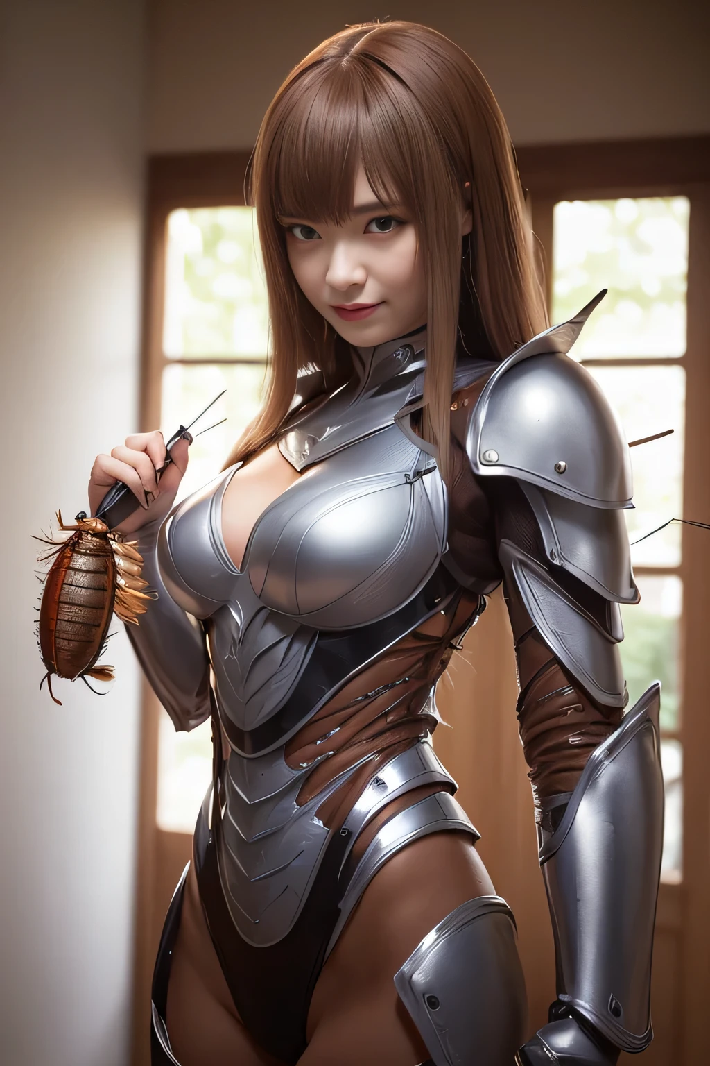 (High resolution,masterpiece,highest quality,Very detailed CG, anime, official art:1.4), realistic, photograph, amazing detail, all complicated, luster and luster,great many layers, 8k wallpaper, 3D, sketch, cute, figure,( alone:1.4), perfect female proportions,villain's daughter, (Fusion of dark brown cockroach and lady:1.4), (brown cockroach form lady:1.2), (brown cockroach woman:1.2), (Fusion:1.2), (alone:1.4), (evil smile:1.2), muscular, abs, (Cockroach brown exoskeleton bio insect suit:1.4), (Cockroach brown exoskeleton bio insect armor:1.2), (brown transparent cockroach feathers:1.4), (brown cockroach antenna:1.3),