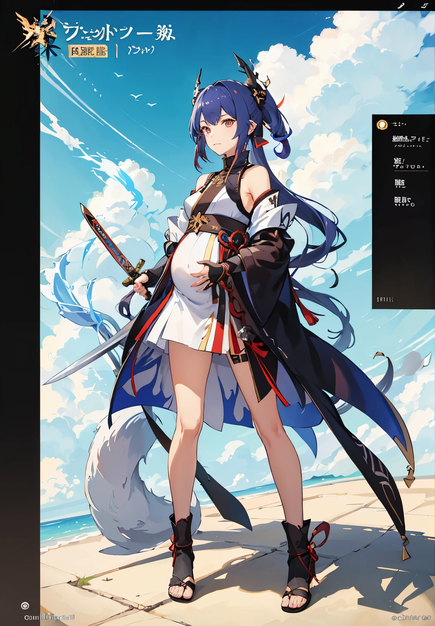 a woman in a dress holding a dagger and a dagger, video game character, from arknights, fox nobushi holding a dagger, hajime yatate, keqing from genshin impact, random haired deity, with small sword, ayaka genshin impact, female action anime girl, official character art, anime character, pregnant anime girl, fetus, random hair color