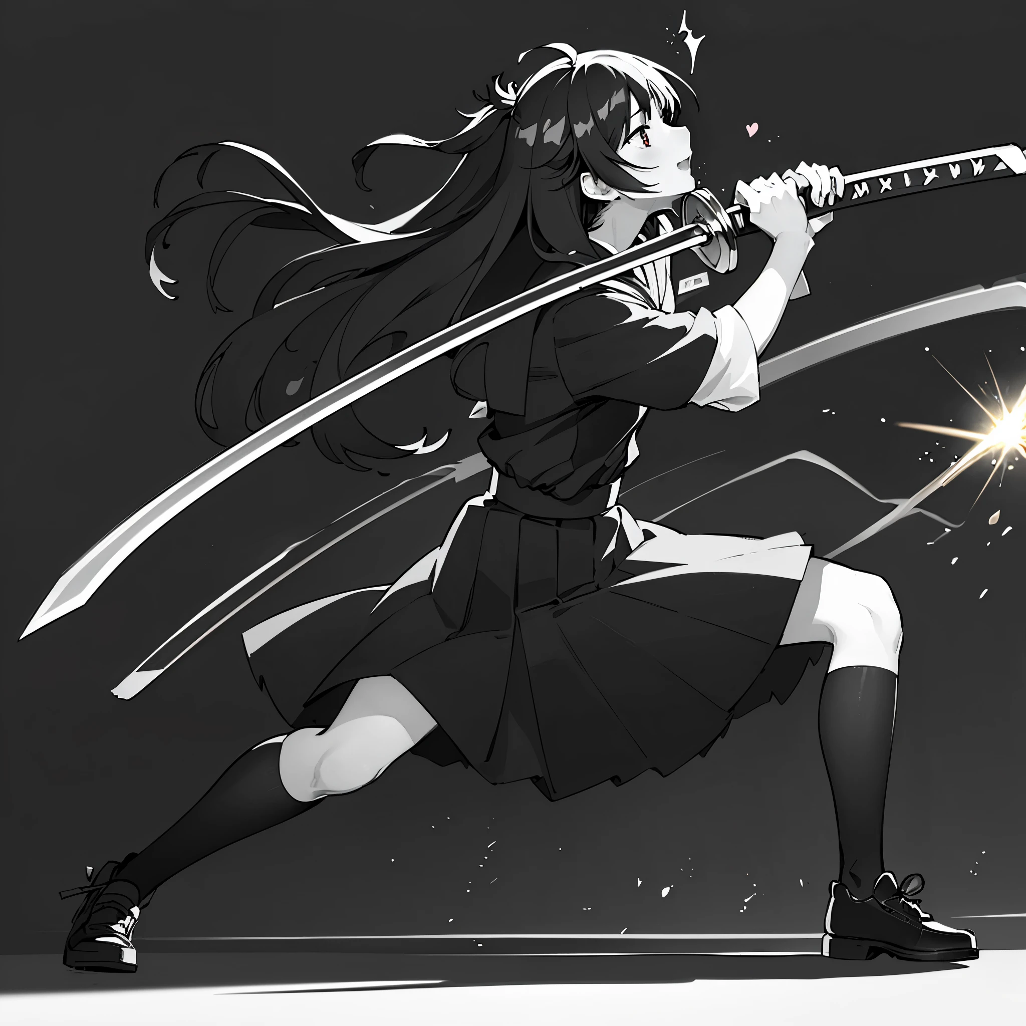 (masterpiece), kouhai, best quality, expressive eyes, perfect face, a girl stands in a stance pose, her feet positioned far apart. It is a slow mo shot of her swinging her sword towards the viewer, her eyes are full of fury as she swings the sword, manga-style, movement lines, katana, red hair, red eyes, school uniform
