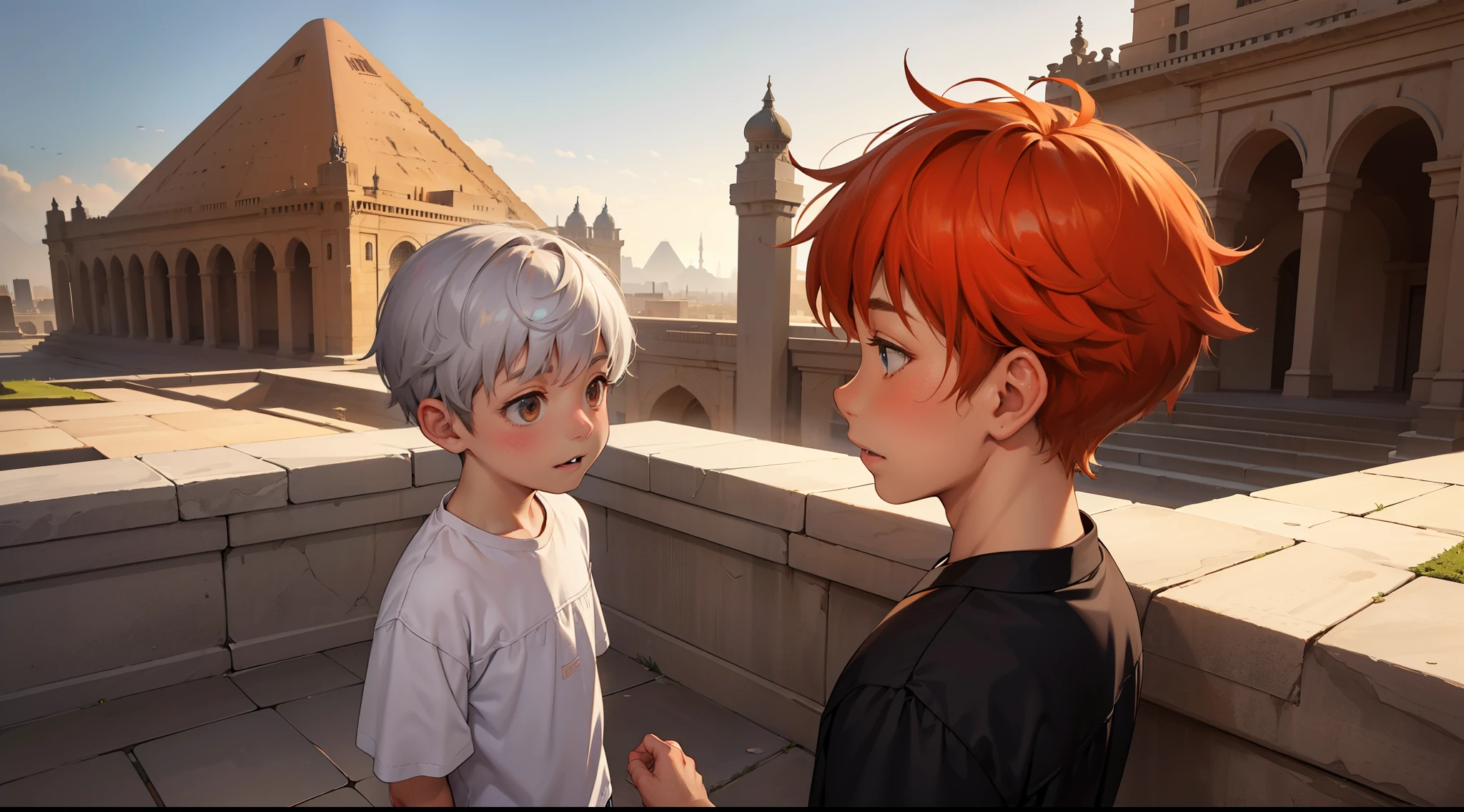 They are two children. son de la misma edad tienen la misma estatura , There are two handsome 8-year-old boys of the same height looking at each other. They have just met. One has orange hair and the other has silver hair. In the background there is a landscape of modern buildings but also palaces and pyramids.