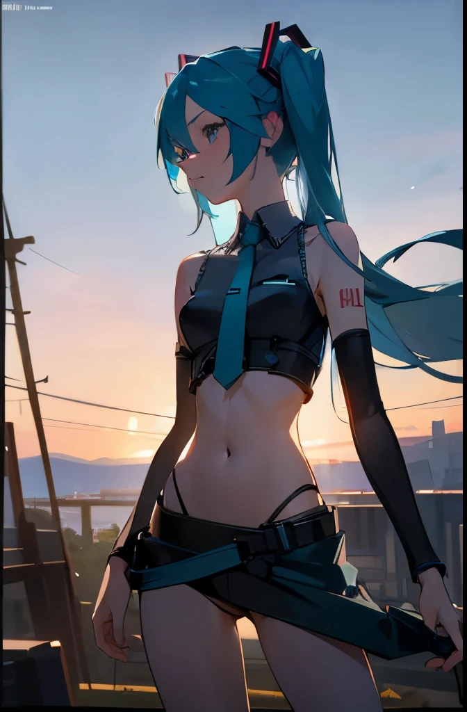 masterpiece，best quality，((Cinematic movie stills))，1 woman, Hatsune Miku, blue hair, Two-pronged, face, waist, pelvis, 
