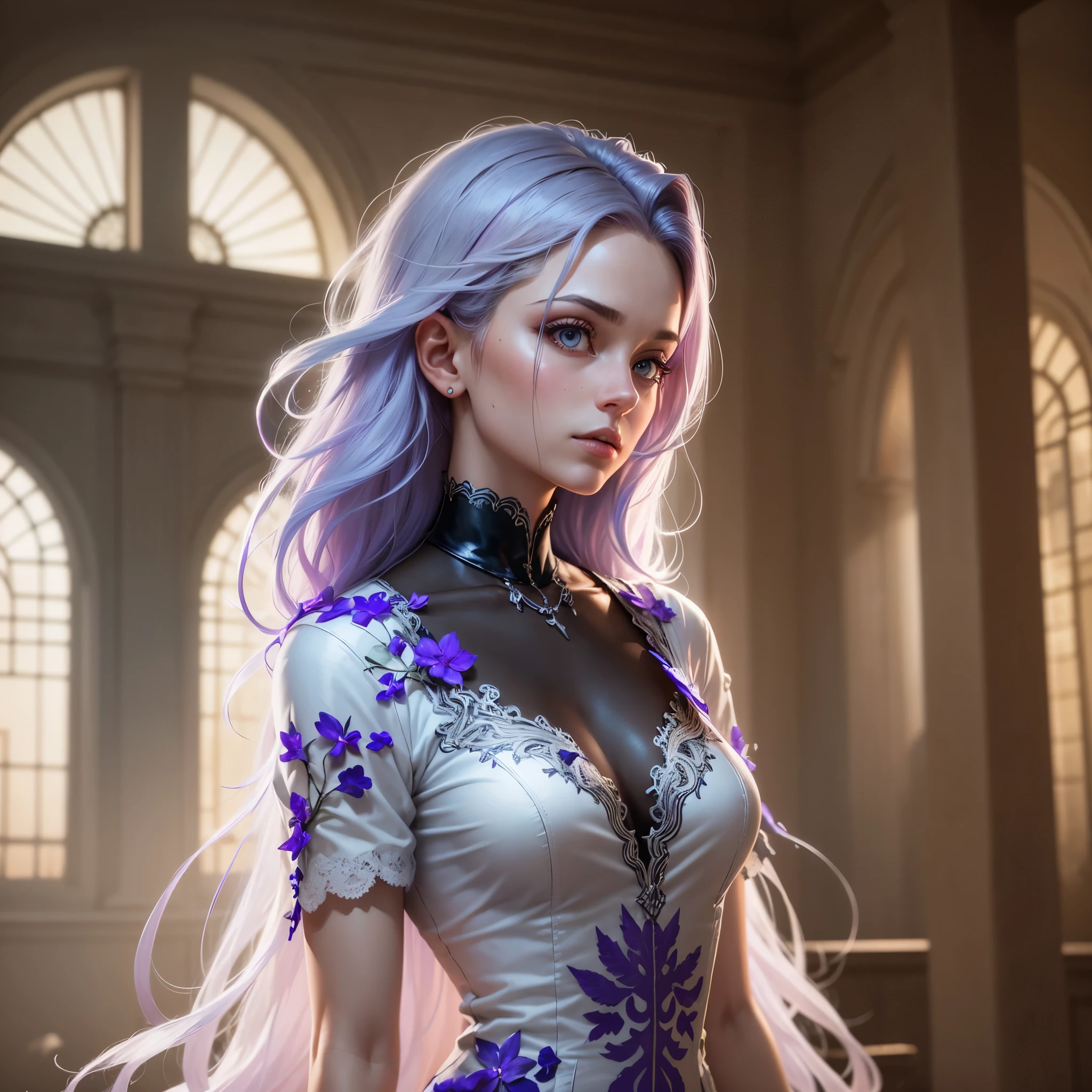 a woman in a flowing white dress, with flowing white hair, stands next to a horse sculpture bathed in soft purple lighting. The sculpture has a frosted glass texture. This scene is styled as a flat design poster art with ethereal lighting and a touch of #vfxfriday. Inspired by the works of wlop, labcore, and Andrzej Sykut, this detailoriented piece captures a captivating atmosphere,textured skin,best quality,purple hair,Highly detailed, ultra-detailed, insanely detailed, 4D octane rendering, 8k resolution,Shot in a 3:4 aspect ratio, aperture set at f/2, shutter speed at 1/750