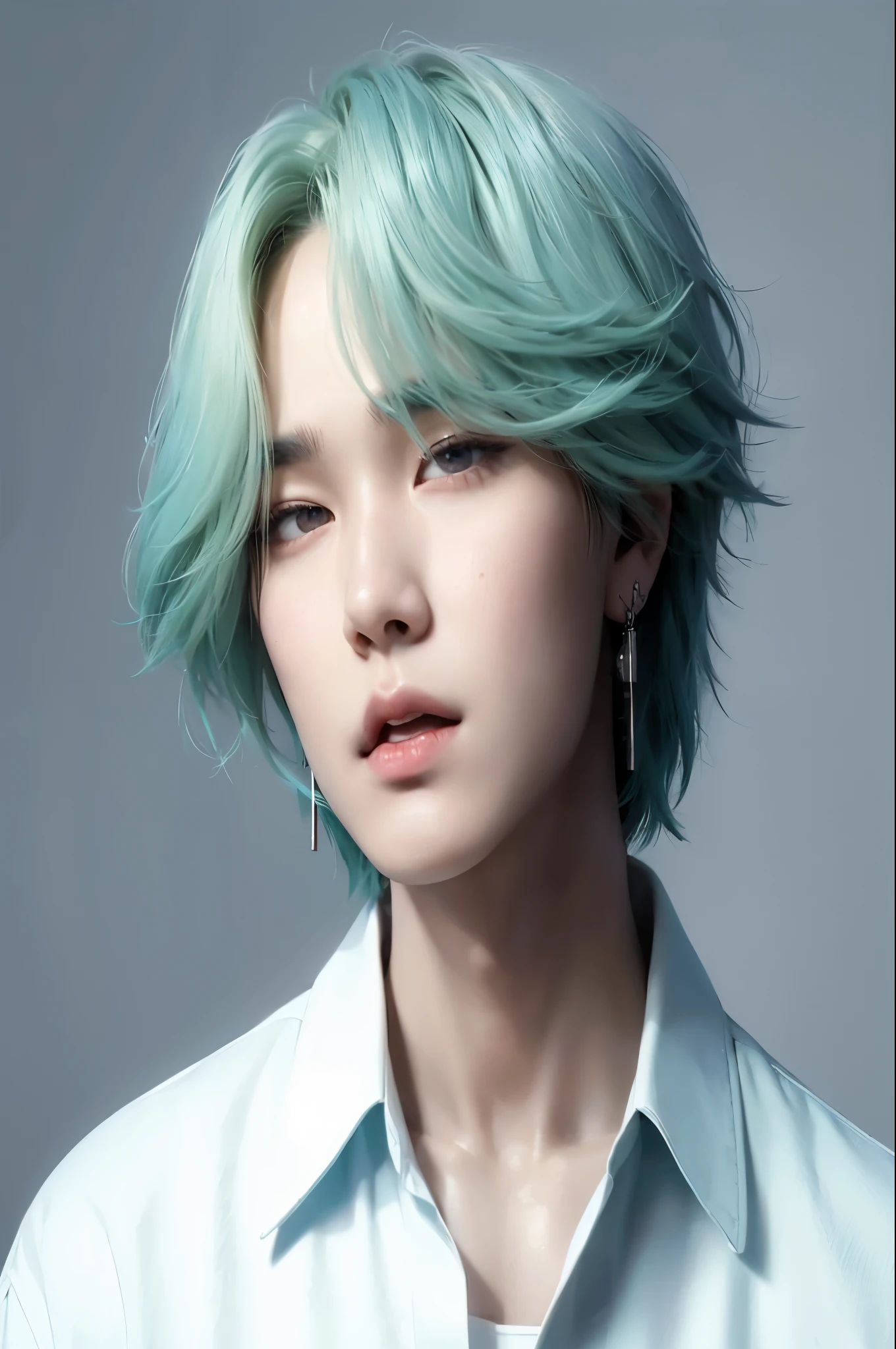 un primer plano de yoongi de bts con cabello verde y camisa blanca, yoongi de pelo negro, bts yoongi, ((tonos azul verdoso)), inspired pale korean adorable face, cai xukun, Jimin, jungkook, hyung tae, yanjun chengt, shin jeongho, Jimin\his right eyelid is swollen, Jimin\los labios carnosos, chico kpop, cara coreana yoongi de bts, piel linda, suga