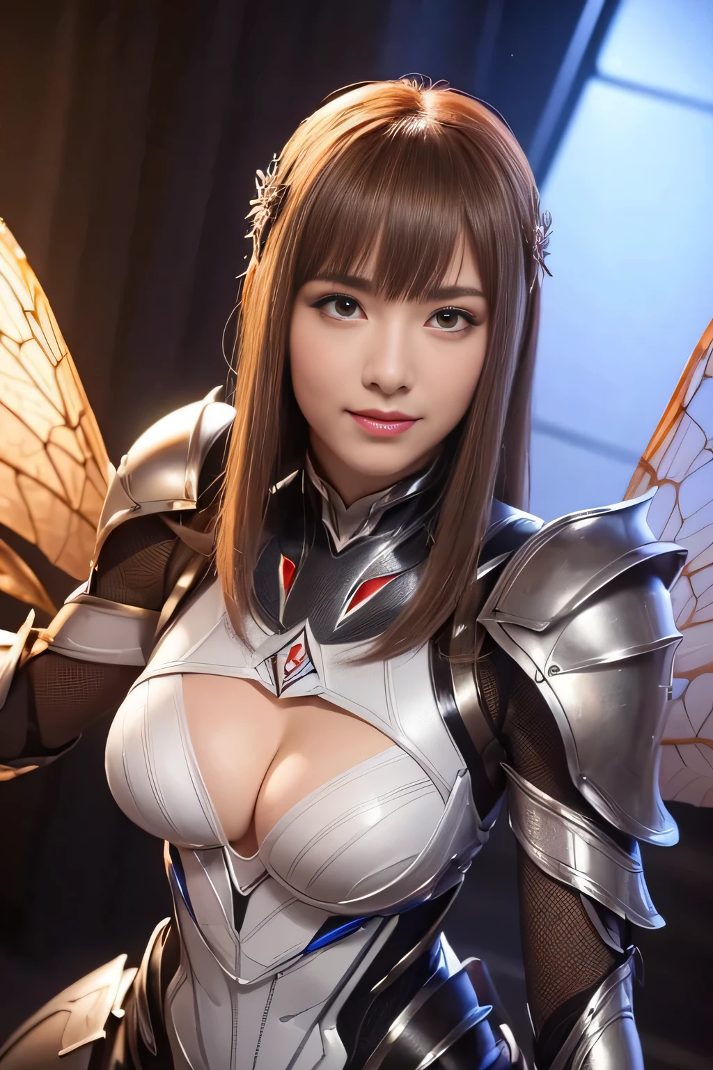 (High resolution,masterpiece,highest quality,Very detailed CG, anime, official art:1.4), realistic, photograph, amazing detail, all complicated, luster and luster,great many layers, 8k wallpaper, 3D, sketch, cute, figure,( alone:1.4), perfect female proportions,villain's daughter, (Fusion of dark brown cockroach and lady:1.4), (brown cockroach form lady:1.2), (brown cockroach woman:1.2), (Fusion:1.2), (alone:1.4), (evil smile:1.2), muscular, abs, (Cockroach brown exoskeleton bio insect suit:1.4), (Cockroach brown exoskeleton bio insect armor:1.2), (brown transparent cockroach feathers:1.4), (brown cockroach antenna:1.3),