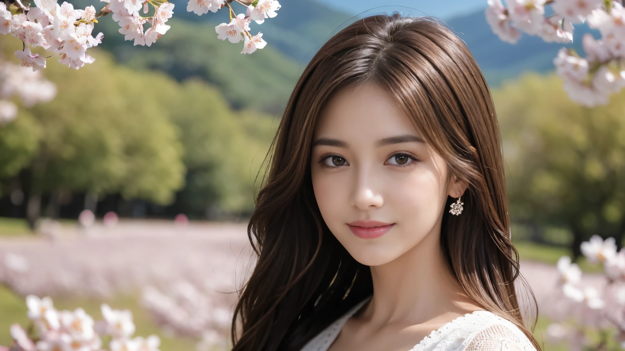 masterpiece, Best Quality, Photorealistic, Ultra-detailed, finely detailed, High resolution, 8K Wallpaper, 1 beautiful woman, light brown hair, foco nítido, Perfect dynamic composition, Beautiful detailed eyes, detailed hairs, Detailed realistic skin texture, Smiling, portrait, Model body type, Take a walk in the park with cherry blossoms and Fuji mountain background,