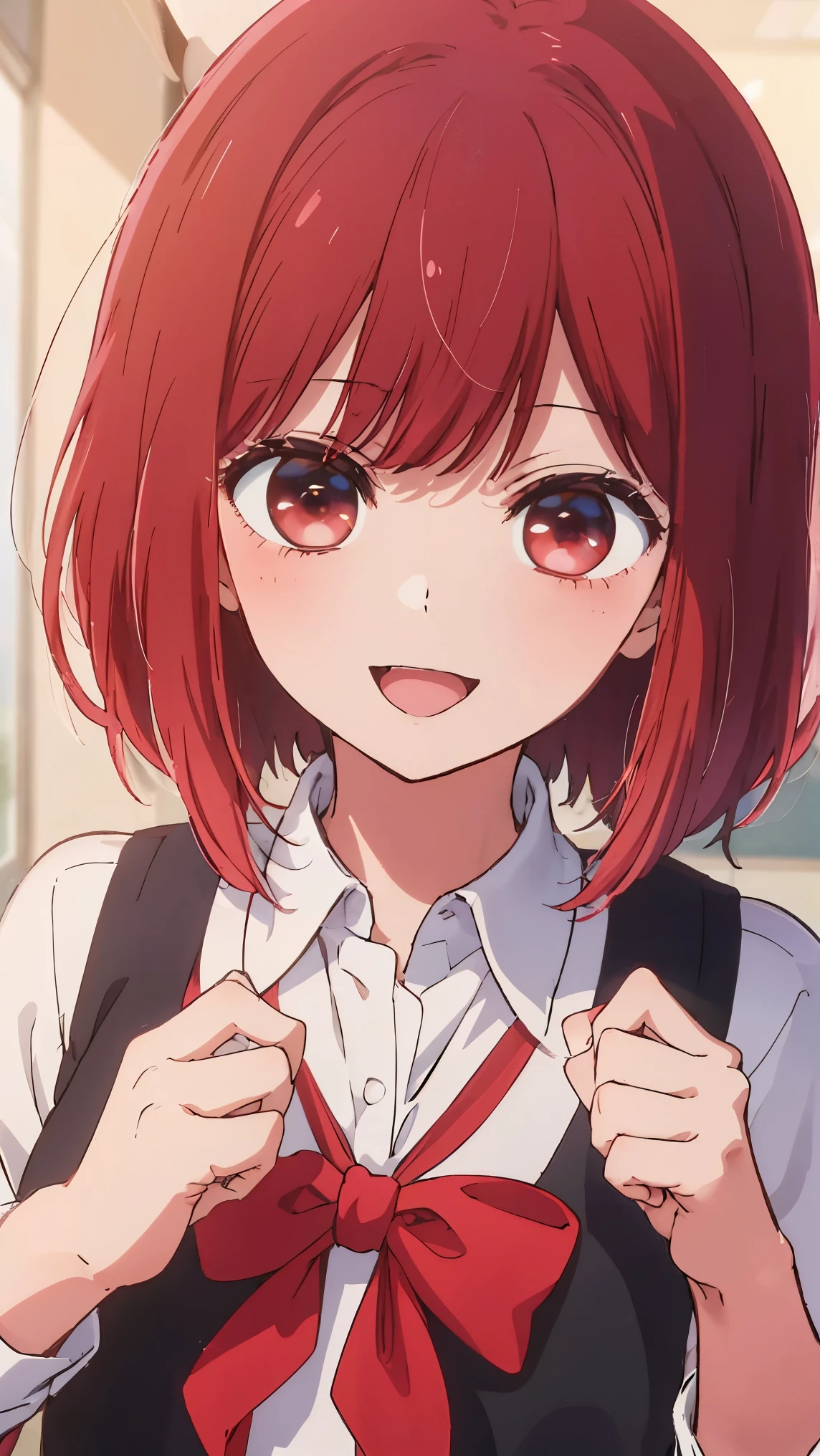 masterpiece、very detailed、(1 girl:1.2)、(redhead)、Big eyes、smile、short hair、(((anime style)))、(((2D)))、red eyes、open your mouth、(((school uniform)))、8K、Close-up