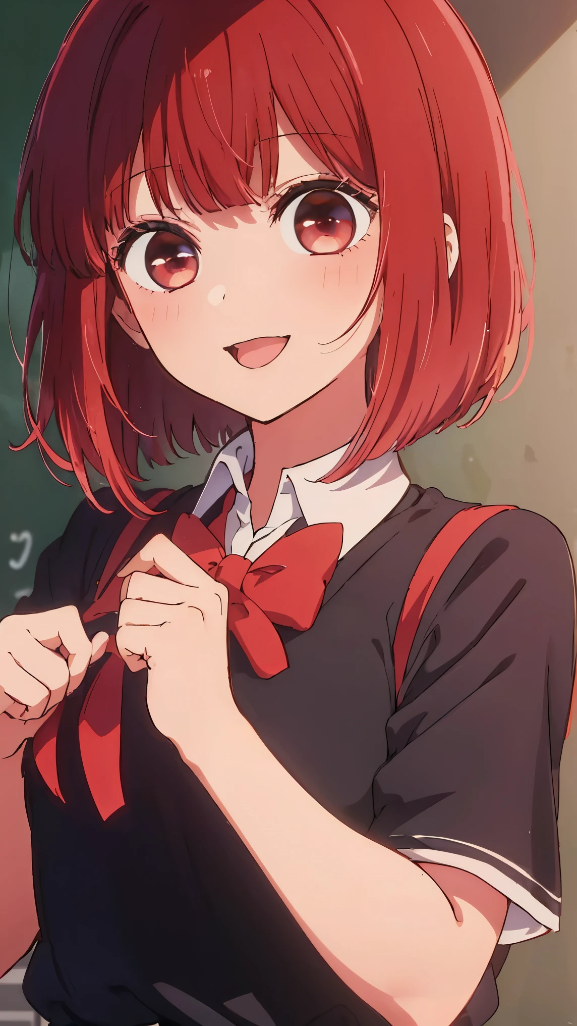 masterpiece、very detailed、(1 girl:1.2)、(redhead)、Big eyes、smile、short hair、(((anime style)))、(((2D)))、red eyes、open your mouth、(((school uniform)))、8K、Close-up