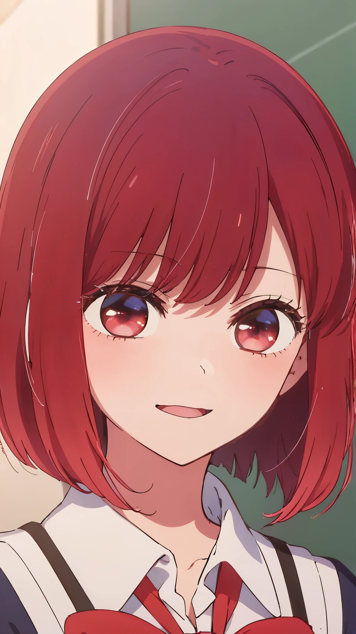 masterpiece、very detailed、(1 girl:1.2)、(redhead)、Big eyes、smile、short hair、(((anime style)))、(((2D)))、red eyes、open your mouth、(((school uniform)))、8K、Close-up