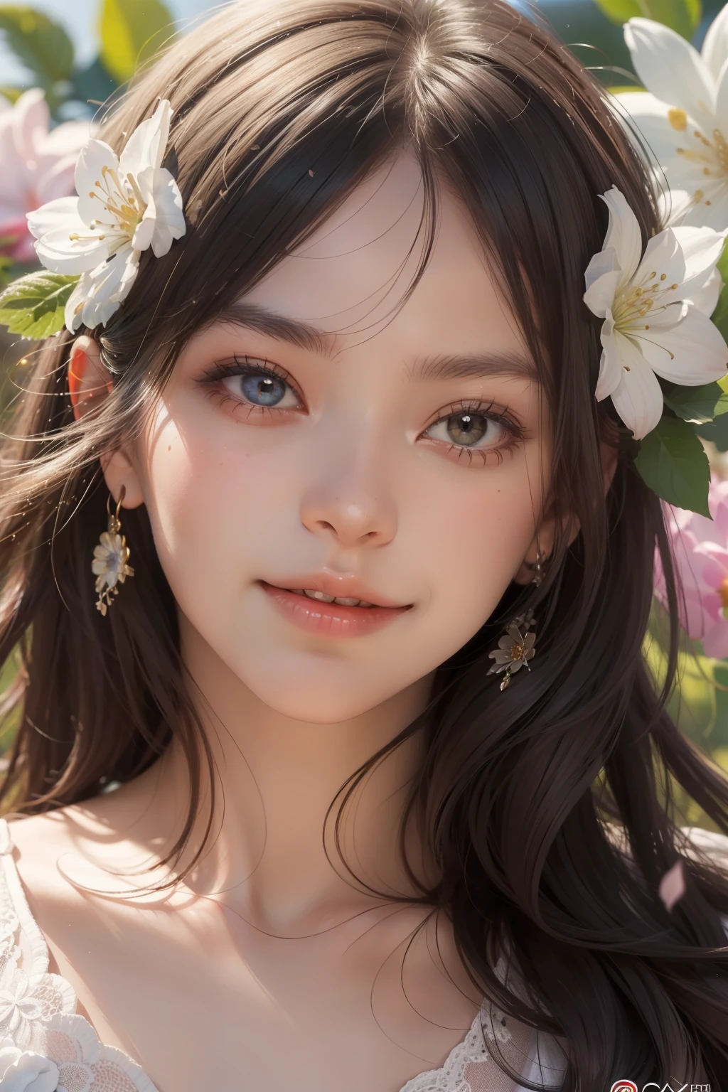 1 girl, alone, (((highly detailed face))), open your mouth a little,(smile:0.9) Upper body, (flower blossom:1.2), official art, unity 8k wallpaper, Super detailed, beautiful, masterpiece, highest quality, realistic,perfect face