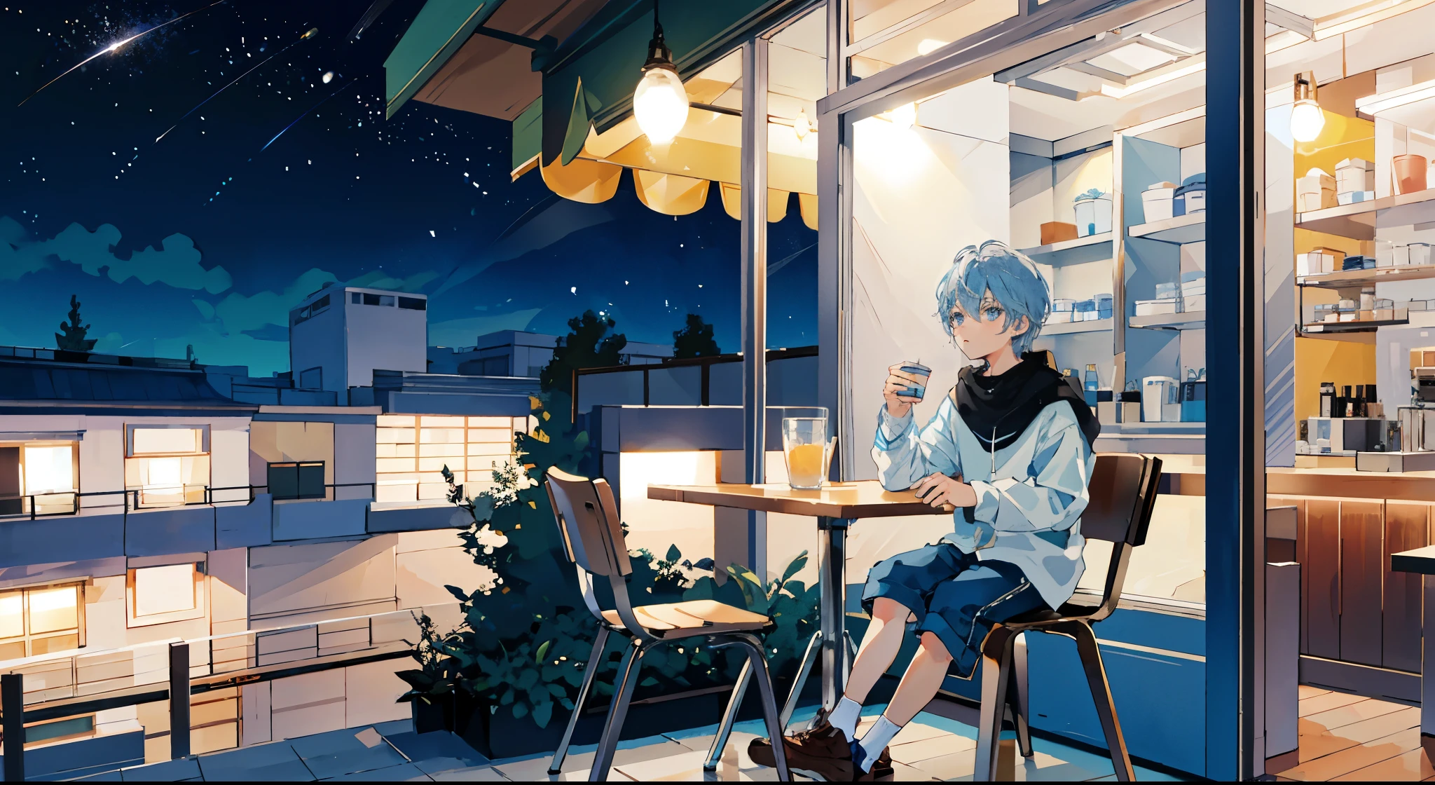 A boy with short light blue hair,Light blue gradient eyes,Casual and simple shorts,Cafe,White tables and chairs,sit on the chair,Lively and cute expression,Exquisite scenes,dark night,starry sky