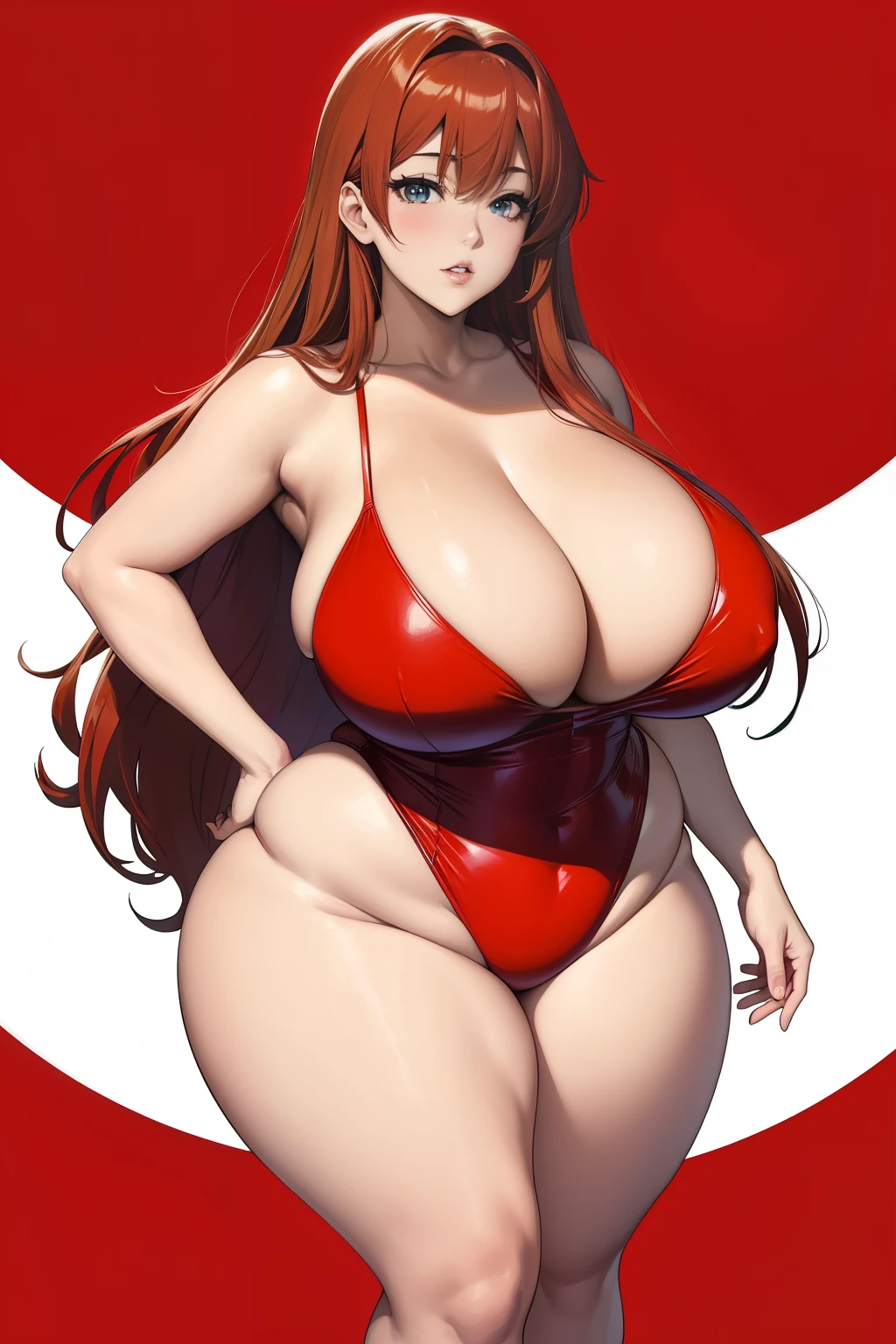 Full body portrait photo of anime bbw girl in red bikini with long hair and big breasts, very fat curvy body, wide waist and wide hips, round and beautiful face, very similar portrait of asuka langley Soryu, asuka langley, anime female characters, evangelion beautiful girl, that'Junji'Style, Asuka from Evangelion, cel shaded anime