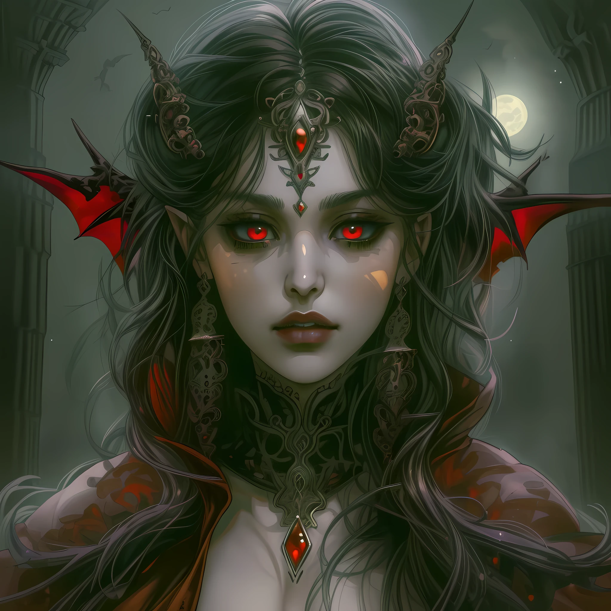 arafed, dark fantasy art, gothic art, (masterpiece:1.5), full body best details, highly detailed, best quality, highres, NeroV2, full body portrait of a vampire, elf (Masterpiece, best quality, ultra feminine: 1.5)  with a long curvy hair, dark color hair, red eyes (fantasy art, Masterpiece, best quality: 1.3), ((beautiful delicate face)), Ultra Detailed Face (intricate details, fantasy art, Masterpiece, best quality: 1.5), [visible vampiric fangs] (intricate details, fantasy art, Masterpiece, best quality: 1.5), [anatomically correct] red cloak, flowing cloak (intense details, fantasy art, Masterpiece, best quality: 1.3), wearing an intricate leather [white] dress (intricate details, gothic art, Masterpiece, best quality: 1.5), high heeled boots, blood dripping on lips, urban background (intense details, beat details), fantasy, at night light, natural ,moon light, soft moon light, moon rays, clouds, gothic atmosphere, gothic street background, bats flying in background, soft light, dynamic light, [[anatomically correct]], high details, best quality, 16k, [ultra detailed], masterpiece, best quality, (extremely detailed), dynamic angle, ultra wide shot, RAW, photorealistic