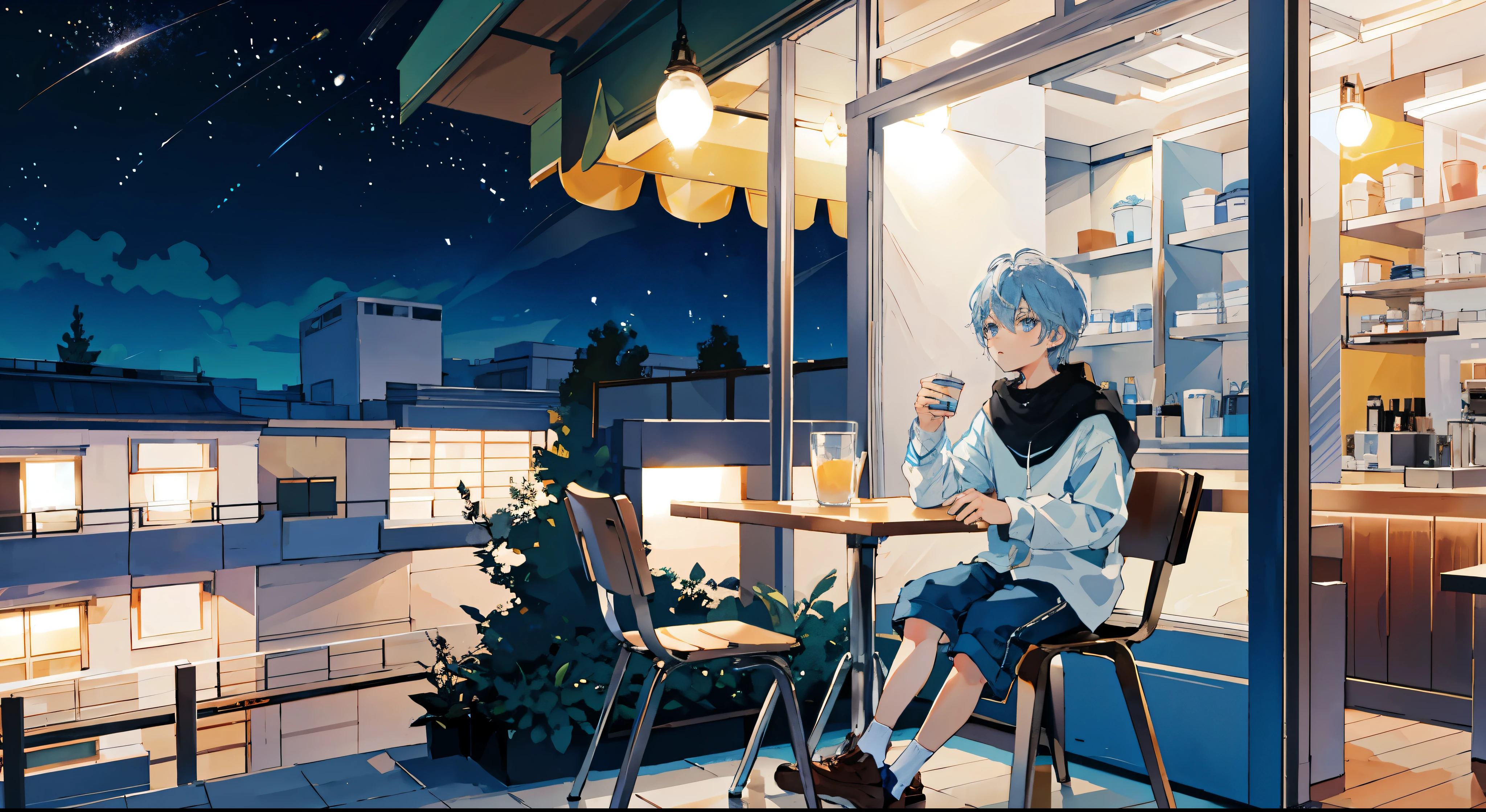 Light blue short hair boys，Light blue gradient eyes，Casual and simple shorts，coffee shop，white table and chairs，sit on the chair，The expression is lively and cute，Exquisite scenes，dark night，starry sky