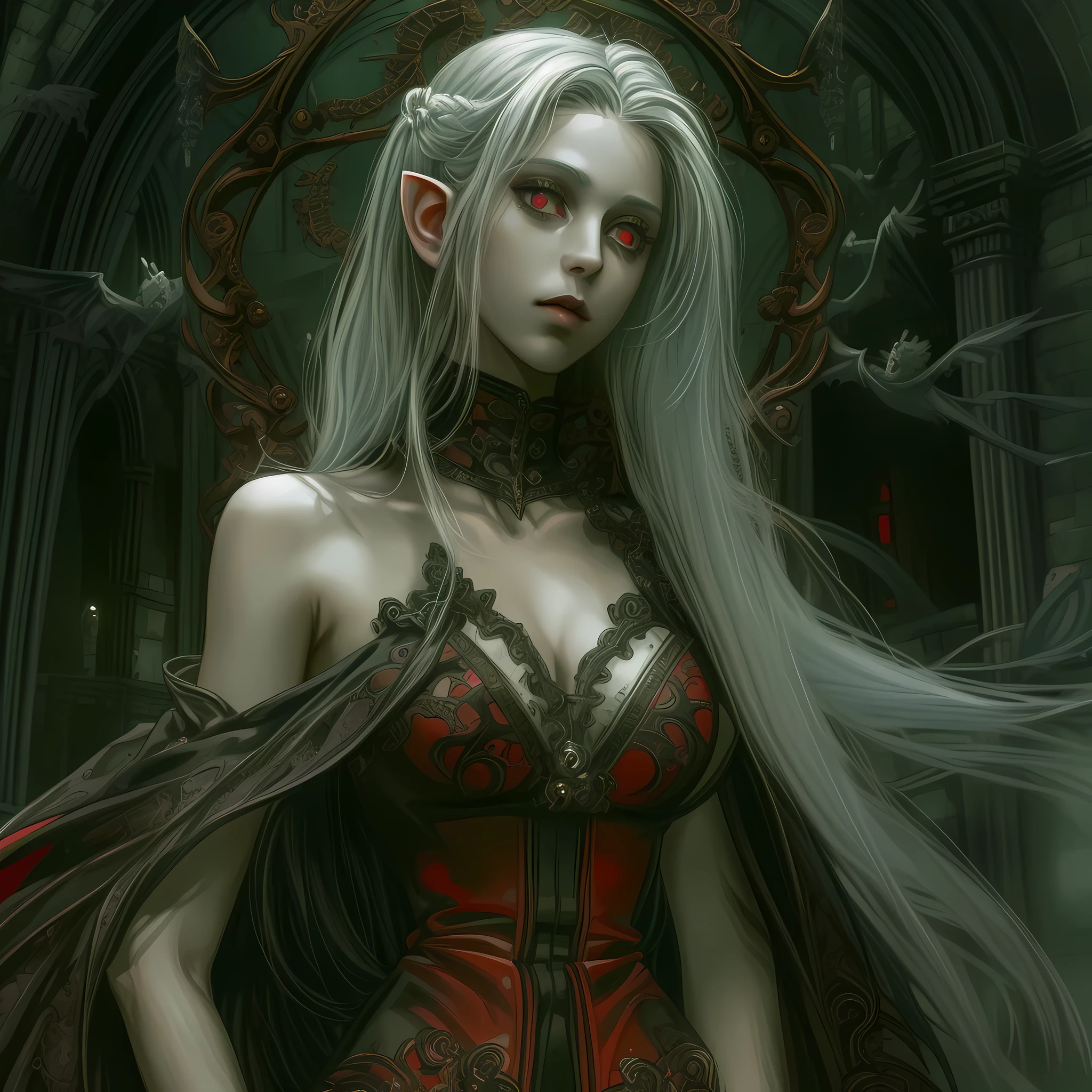 arafed, dark fantasy art, gothic art, (masterpiece:1.5), full body best details, highly detailed, best quality, highres, NeroV2, full body portrait of a vampire, elf (Masterpiece, best quality, ultra feminine: 1.5)  with a long curvy hair, dark color hair, red eyes (fantasy art, Masterpiece, best quality: 1.3), ((beautiful delicate face)), Ultra Detailed Face (intricate details, fantasy art, Masterpiece, best quality: 1.5), [visible vampiric fangs] (intricate details, fantasy art, Masterpiece, best quality: 1.5), [anatomically correct] red cloak, flowing cloak (intense details, fantasy art, Masterpiece, best quality: 1.3), wearing an intricate leather [white] dress (intricate details, gothic art, Masterpiece, best quality: 1.5), high heeled boots, blood dripping on lips, urban background (intense details, beat details), fantasy, at night light, natural ,moon light, soft moon light, moon rays, clouds, gothic atmosphere, gothic street background, bats flying in background, soft light, dynamic light, [[anatomically correct]], high details, best quality, 16k, [ultra detailed], masterpiece, best quality, (extremely detailed), dynamic angle, ultra wide shot, RAW, photorealistic