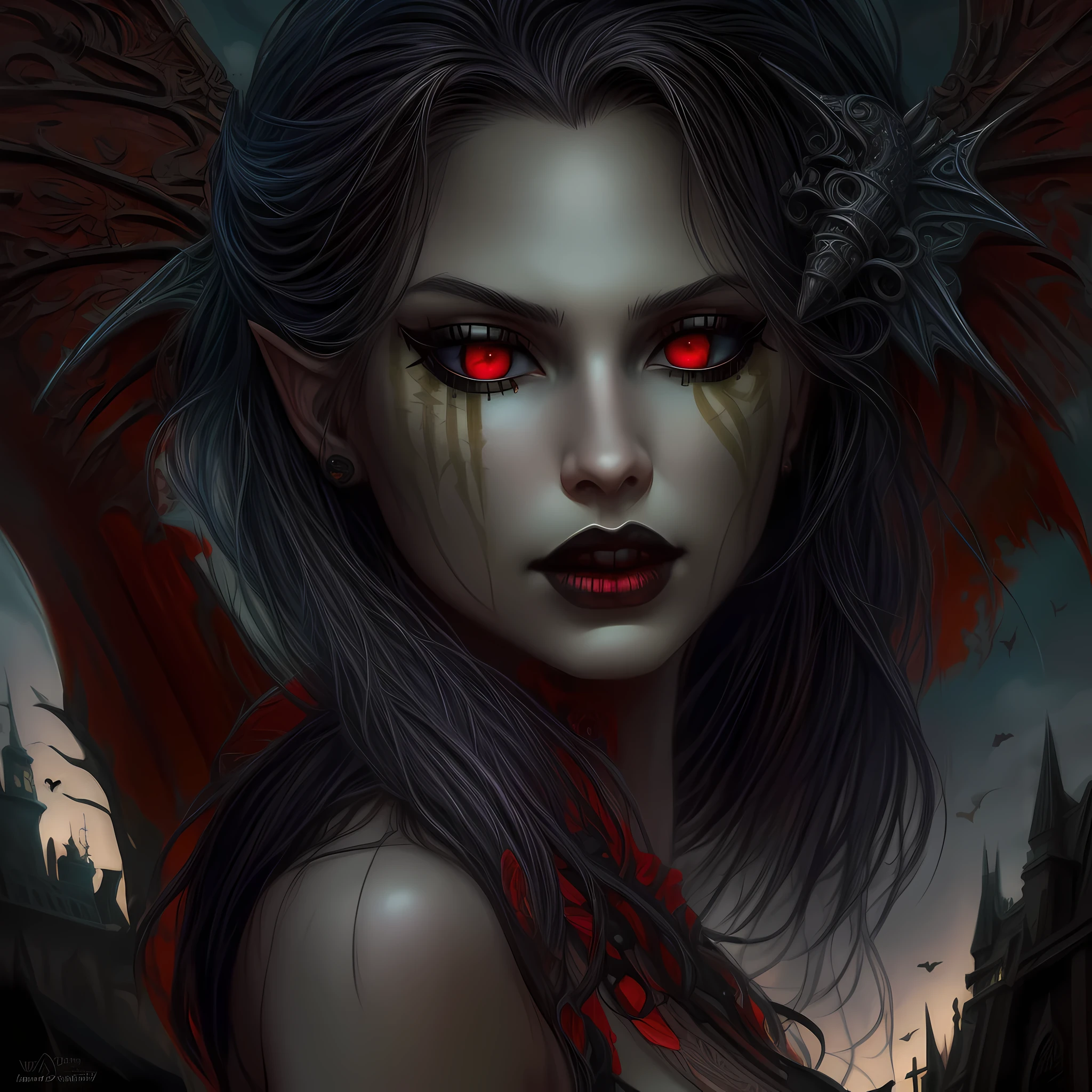 arafed, dark fantasy art, gothic art, (masterpiece:1.5), full body best details, highly detailed, best quality, highres, NeroV2, full body portrait of a vampire, elf (Masterpiece, best quality, ultra feminine: 1.5)  with a long curvy hair, dark color hair, red eyes (fantasy art, Masterpiece, best quality: 1.3), ((beautiful delicate face)), Ultra Detailed Face (intricate details, fantasy art, Masterpiece, best quality: 1.5), [visible vampiric fangs] (intricate details, fantasy art, Masterpiece, best quality: 1.5), [anatomically correct] red cloak, flowing cloak (intense details, fantasy art, Masterpiece, best quality: 1.3), wearing an intricate leather [white] dress (intricate details, gothic art, Masterpiece, best quality: 1.5), high heeled boots, blood dripping on lips, urban background (intense details, beat details), fantasy, at night light, natural ,moon light, soft moon light, moon rays, clouds, gothic atmosphere, gothic street background, bats flying in background, soft light, dynamic light, [[anatomically correct]], high details, best quality, 16k, [ultra detailed], masterpiece, best quality, (extremely detailed), dynamic angle, ultra wide shot, RAW, photorealistic