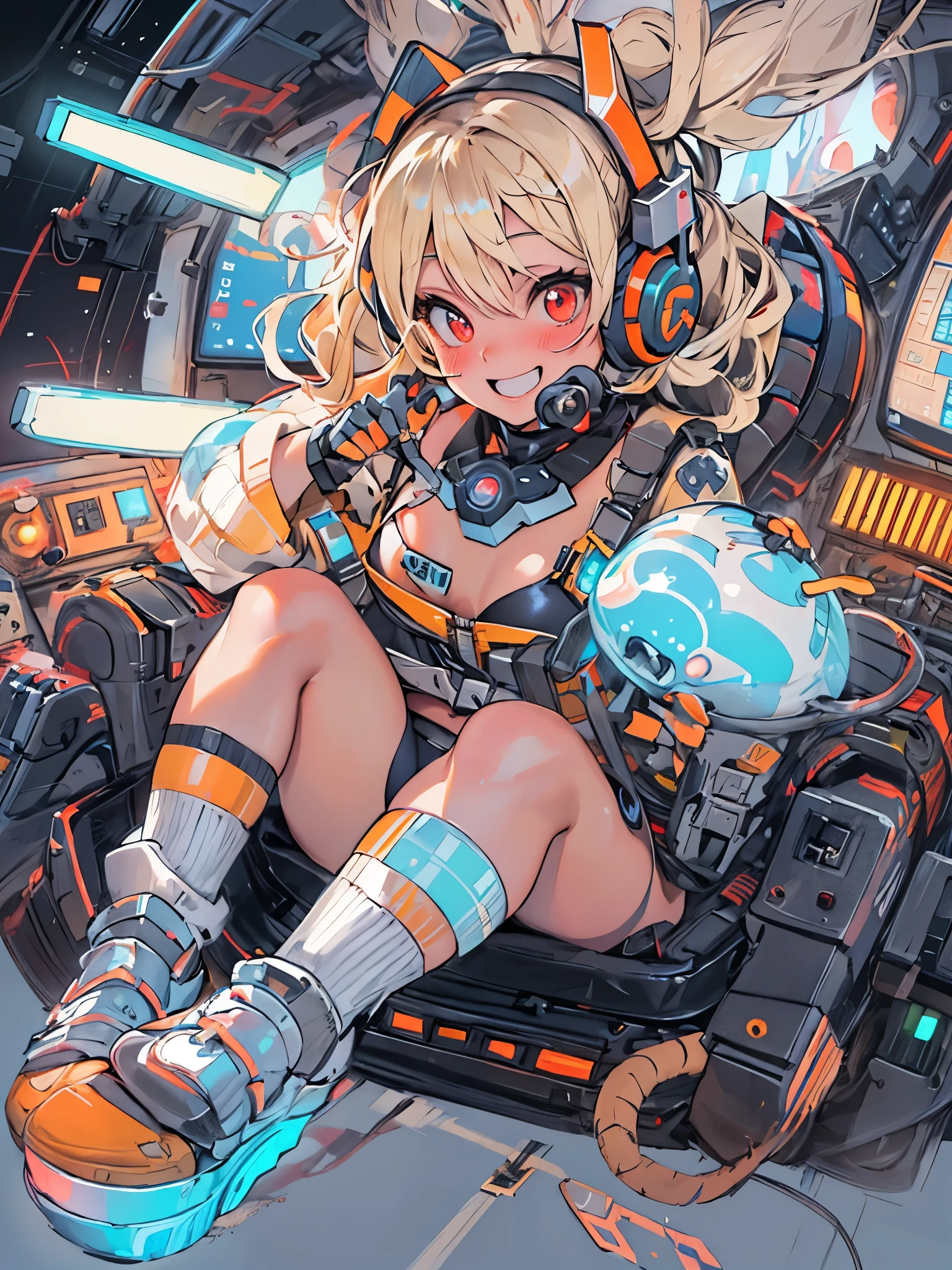 (highest quality), From above:1.2,1 person female, alone, Shining school swimsuit,double big round eyes,blonde, twin tails, red eyes, (black skin),blush,smile, (open chest:1.1),Cyberpunk world,dynamic composition,Big breasts,Socks above the knee,Muchimuchi,Psychedelic color scheme,iridescent sparkling background,rabbit ear headphones,turbo on the back,machine legs,rainbow colored screen,((complex machine cockpit)),profile,(Parker-like armor)
