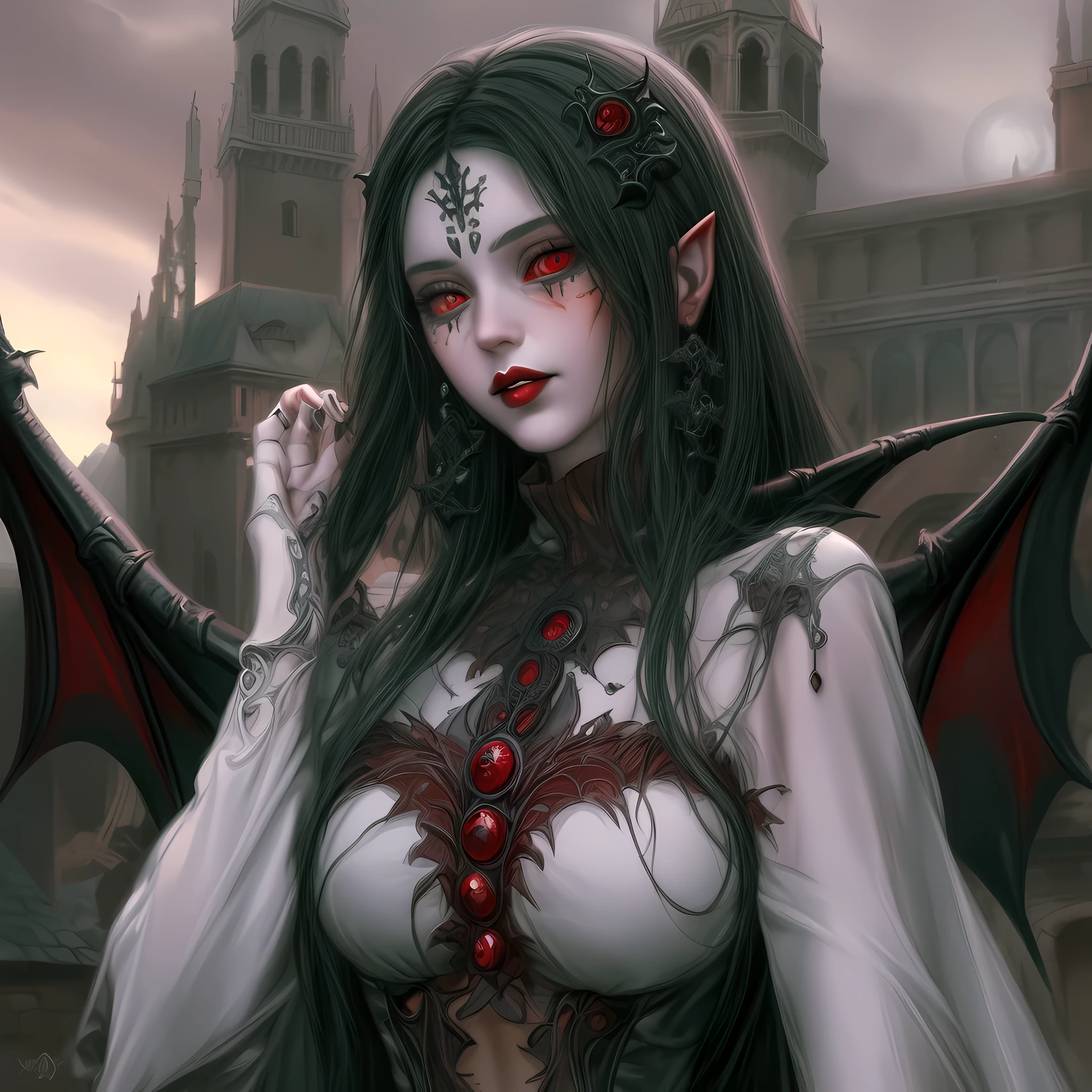 arafed, dark fantasy art, gothic art, (masterpiece:1.5), full body best details, highly detailed, best quality, highres, NeroV2, full body portrait of a vampire, elf (Masterpiece, best quality, ultra feminine: 1.5)  with a long curvy hair, dark color hair, red eyes (fantasy art, Masterpiece, best quality: 1.3), ((beautiful delicate face)), Ultra Detailed Face (intricate details, fantasy art, Masterpiece, best quality: 1.5), [visible vampiric fangs] (intricate details, fantasy art, Masterpiece, best quality: 1.5), [anatomically correct] red cloak, flowing cloak (intense details, fantasy art, Masterpiece, best quality: 1.3), wearing an intricate leather [white] dress (intricate details, gothic art, Masterpiece, best quality: 1.5), high heeled boots, blood dripping on lips, urban background (intense details, beat details), fantasy, at night light, natural ,moon light, soft moon light, moon rays, clouds, gothic atmosphere, gothic street background, bats flying in background, soft light, dynamic light, [[anatomically correct]], high details, best quality, 16k, [ultra detailed], masterpiece, best quality, (extremely detailed), dynamic angle, ultra wide shot, RAW, photorealistic