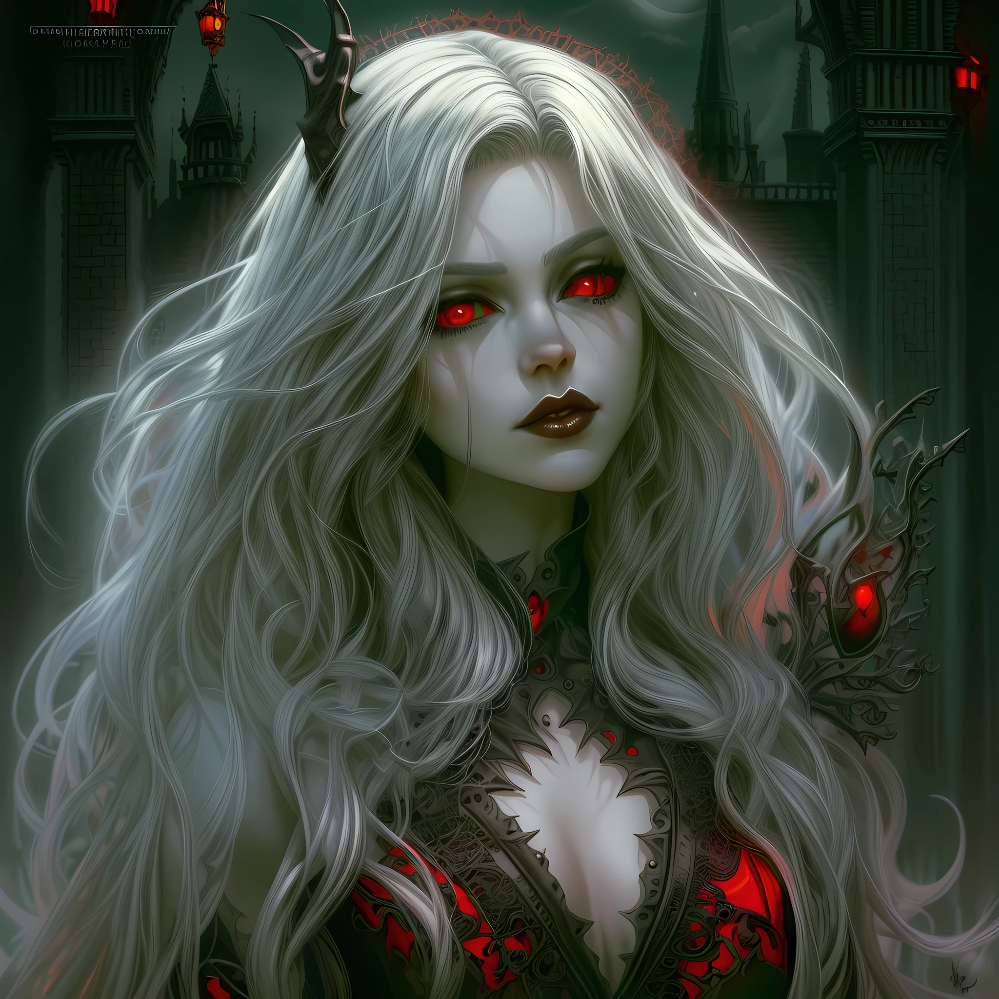 arafed, dark fantasy art, gothic art, (masterpiece:1.5), full body best details, highly detailed, best quality, highres, NeroV2, full body portrait of a vampire, elf (Masterpiece, best quality, ultra feminine: 1.5)  with a long curvy hair, dark color hair, red eyes (fantasy art, Masterpiece, best quality: 1.3), ((beautiful delicate face)), Ultra Detailed Face (intricate details, fantasy art, Masterpiece, best quality: 1.5), [visible vampiric fangs] (intricate details, fantasy art, Masterpiece, best quality: 1.5), [anatomically correct] red cloak, flowing cloak (intense details, fantasy art, Masterpiece, best quality: 1.3), wearing an intricate leather [white] dress (intricate details, gothic art, Masterpiece, best quality: 1.5), high heeled boots, blood dripping on lips, urban background (intense details, beat details), fantasy, at night light, natural ,moon light, soft moon light, moon rays, clouds, gothic atmosphere, gothic street background, bats flying in background, soft light, dynamic light, [[anatomically correct]], high details, best quality, 16k, [ultra detailed], masterpiece, best quality, (extremely detailed), dynamic angle, ultra wide shot, RAW, photorealistic