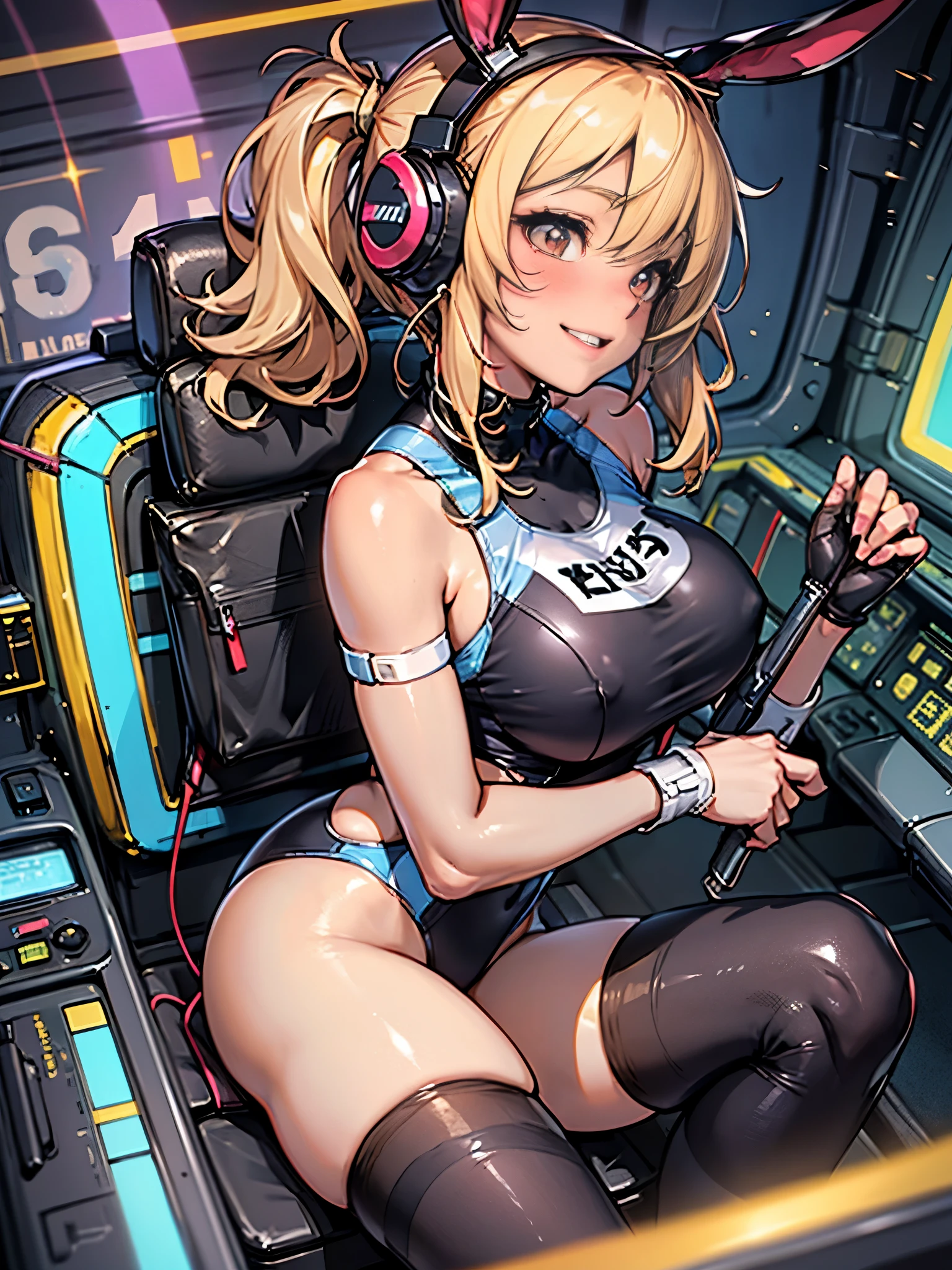 (highest quality), From above:1.2,1 person female, alone, Shining school swimsuit,double big round eyes,blonde, twin tails, red eyes, (black skin),blush,smile, (open chest:1.1),Cyberpunk world,dynamic composition,Big breasts,Socks above the knee,Muchimuchi,Psychedelic color scheme,iridescent sparkling background,rabbit ear headphones,turbo on the back,machine legs,rainbow colored screen,((complex machine cockpit)),profile,(Parker-like armor)