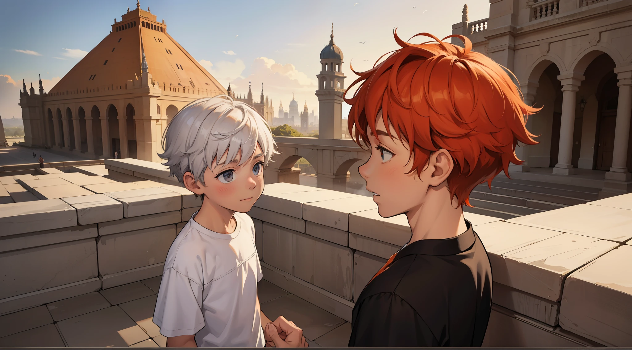 (iultradetallada magen en 2d de comic)They are two children. son de la misma edad tienen la misma estatura , There are two handsome 8-year-old boys of the same height looking at each other. They have just met. One has orange hair and the other has silver hair. In the background there is a landscape of modern buildings but also palaces and pyramids.