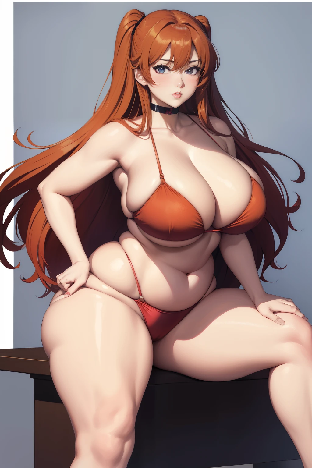 Full body portrait photo of anime bbw girl in red bikini with long hair and big breasts, very fat curvy body, wide waist and wide hips, round and beautiful face, very similar portrait of asuka langley Soryu, asuka langley, anime female characters, evangelion beautiful girl, that&#39;Junji&#39;Style, Asuka from Evangelion,  cel shaded anime