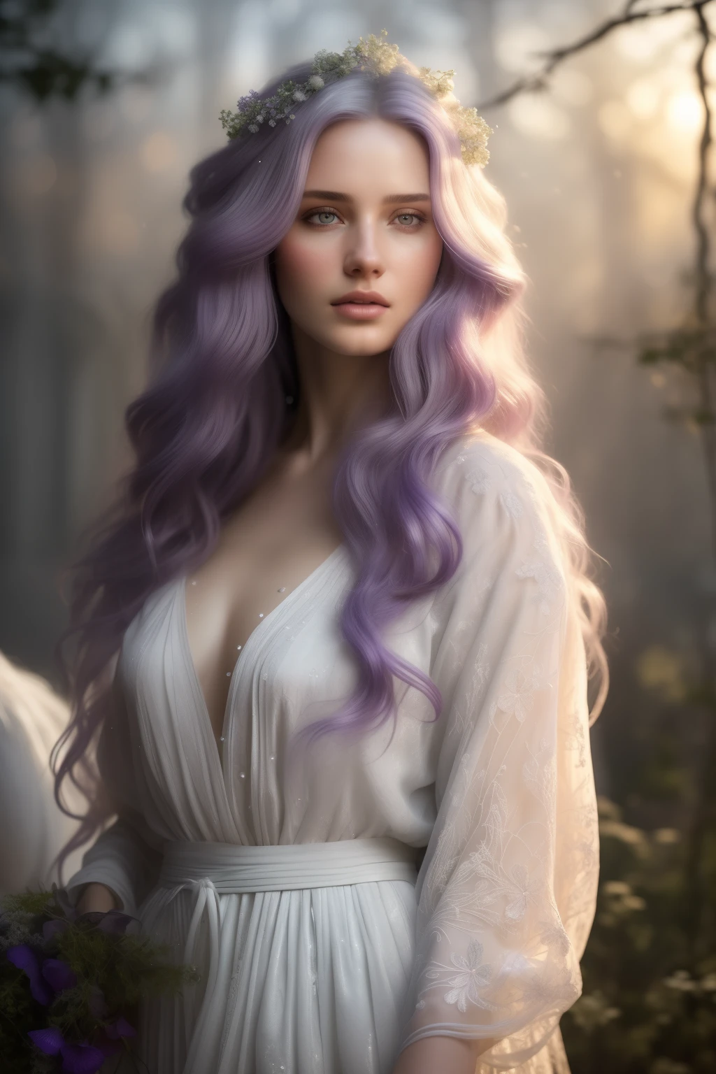 ((best quality)), ((masterpiece)), (detailed), perfect face, a woman in a flowing white dress, with flowing white hair, stands next to a horse sculpture bathed in soft purple lighting. The sculpture has a frosted glass texture. This scene is styled as a flat design poster art with ethereal lighting and a touch of #vfxfriday. Inspired by the works of wlop, labcore, and Andrzej Sykut, this detailoriented piece captures a captivating atmosphere，textured skin，best quality，purple hair，Highly detailed, ultra-detailed, insanely detailed, 4D octane rendering, 8k resolution，Shot in a 3:4 aspect ratio, aperture set at f/2, shutter speed at 1/750