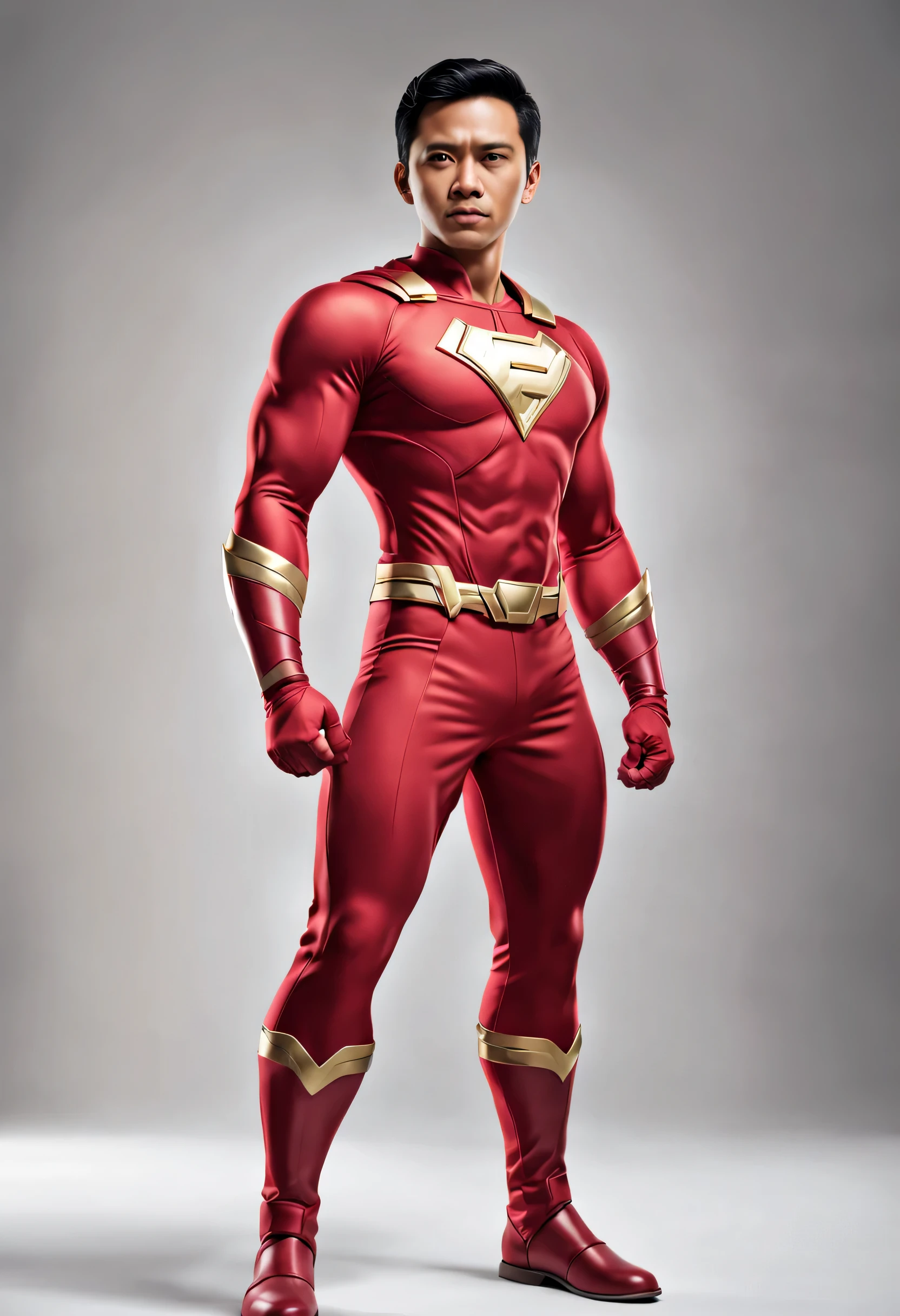 Create a portrait of a male filipino superhero with a red costume who looks confident and is visible from the knees upwards. No body part is cut or cropped. This will be used in a Facebook post. Background is neutral. He is simply standing