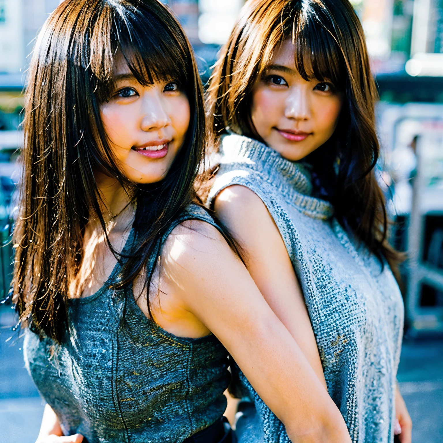 (8K、Raw photo、highest quality、masterpiece:1.2)、(realistic、Photoreal:1.37)、super detailed、Super high resolution、beautiful japanese girl、16 years old、Identical twin sisters hugging each other、see the beholder、beautiful and detailed face、laughter、narrow、(slim waist) :1.3)、Tank top、Beautiful and smooth skin、skin texture、detailed dark brown eyes、floating hair、professional lighting