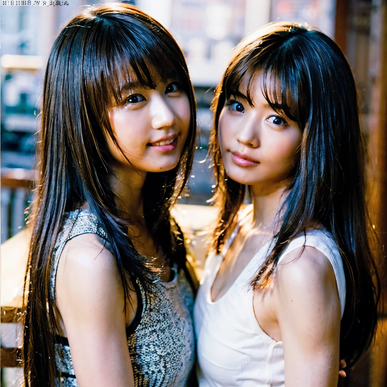 (8K、Raw photo、highest quality、masterpiece:1.2)、(realistic、Photoreal:1.37)、super detailed、Super high resolution、beautiful japanese girl、、Identical twin sisters hugging each other、see the beholder、beautiful and detailed face、laughter、narrow、(slim waist) :1.3)、Tank top、Beautiful and smooth skin、skin texture、detailed dark brown eyes、floating hair、professional lighting