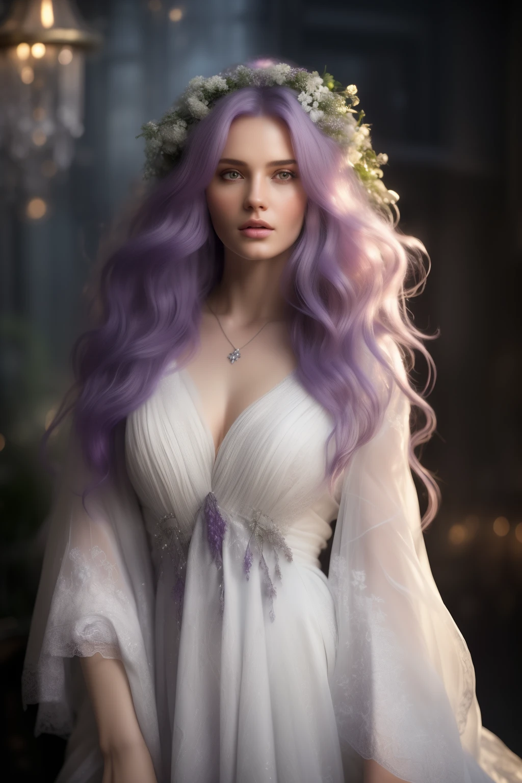 ((best quality)), ((masterpiece)), (detailed), perfect face, a woman in a flowing white dress, with flowing white hair, stands next to a horse sculpture bathed in soft purple lighting. The sculpture has a frosted glass texture. This scene is styled as a flat design poster art with ethereal lighting and a touch of #vfxfriday. Inspired by the works of wlop, labcore, and Andrzej Sykut, this detailoriented piece captures a captivating atmosphere，textured skin，best quality，purple hair，Highly detailed, ultra-detailed, insanely detailed, 4D octane rendering, 8k resolution，Shot in a 3:4 aspect ratio, aperture set at f/2, shutter speed at 1/750