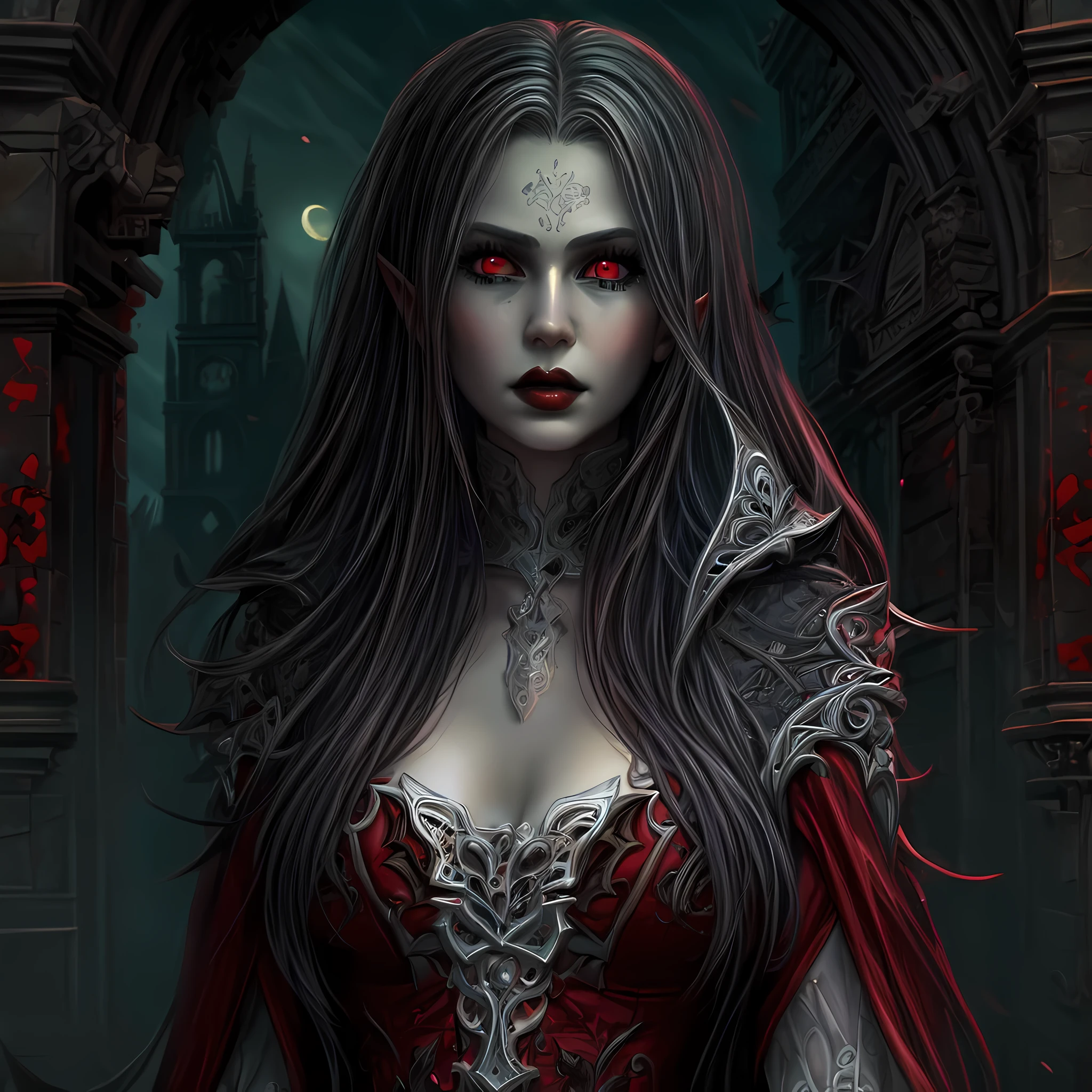 arafed, dark fantasy art, gothic art, (masterpiece:1.5), full body best details, highly detailed, best quality, highres, NeroV2, full body portrait of a vampire, elf (Masterpiece, best quality, ultra feminine: 1.5)  with a long curvy hair, dark color hair, red eyes (fantasy art, Masterpiece, best quality: 1.3), ((beautiful delicate face)), Ultra Detailed Face (intricate details, fantasy art, Masterpiece, best quality: 1.5), [visible vampiric fangs] (intricate details, fantasy art, Masterpiece, best quality: 1.5), [anatomically correct] red cloak, flowing cloak (intense details, fantasy art, Masterpiece, best quality: 1.3), wearing an intricate leather [white] dress (intricate details, gothic art, Masterpiece, best quality: 1.5), high heeled boots, blood dripping on lips, urban background (intense details, beat details), fantasy, at night light, natural ,moon light, soft moon light, moon rays, clouds, gothic atmosphere, gothic street background, bats flying in background, soft light, dynamic light, [[anatomically correct]], high details, best quality, 16k, [ultra detailed], masterpiece, best quality, (extremely detailed), dynamic angle, ultra wide shot, RAW, photorealistic