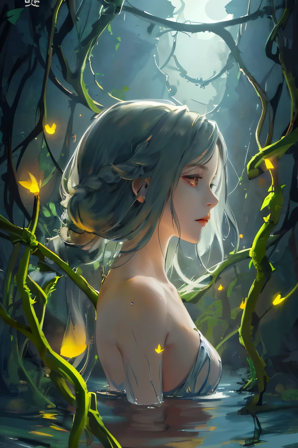 role play style, from_side from_Below is a beautiful yet terrifying woman made of water (sad expression:1.2) woman and (Long water hair:1.2) Out of the water, moss, smoke and vines stir the water, fireflies, midnight moonlight, backlight (masterpiece:1.2) (best quality) (detailed) (complex) (8k) (human development report) (wallpaper) (Cinema lighting) (sharp focus)