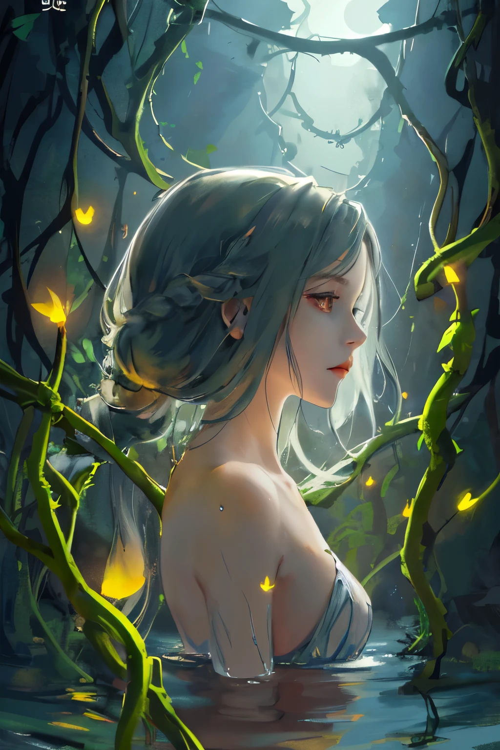 role play style, from_side from_Below is a beautiful yet terrifying woman made of water (sad expression:1.2) woman and (Long water hair:1.2) Out of the water, moss, smoke and vines stir the water, fireflies, midnight moonlight, backlight (masterpiece:1.2) (best quality) (detailed) (complex) (8k) (human development report) (wallpaper) (Cinema lighting) (sharp focus)
